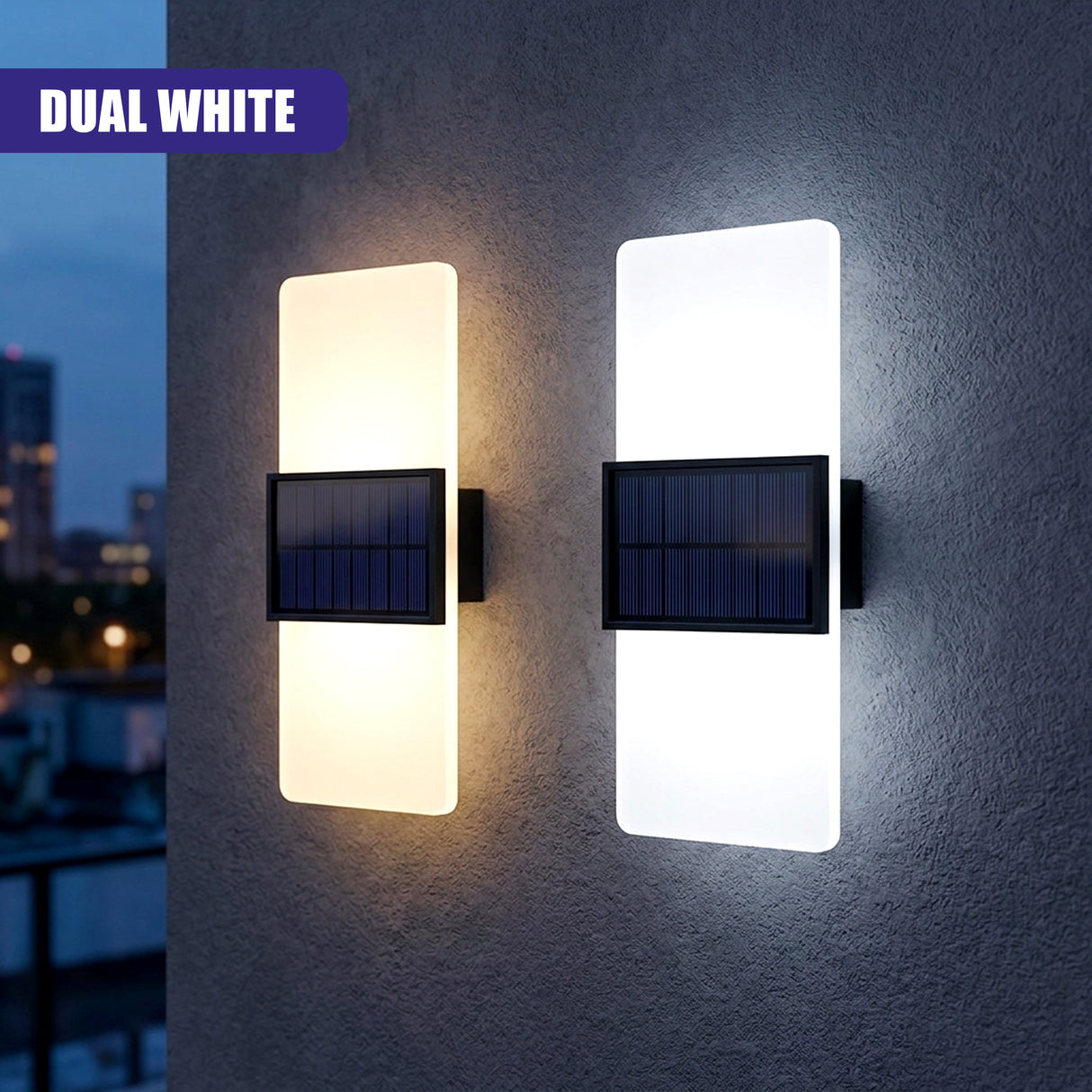Dual wall sconces featuring vertical illuminated acrylic panels and integrated solar panel units.