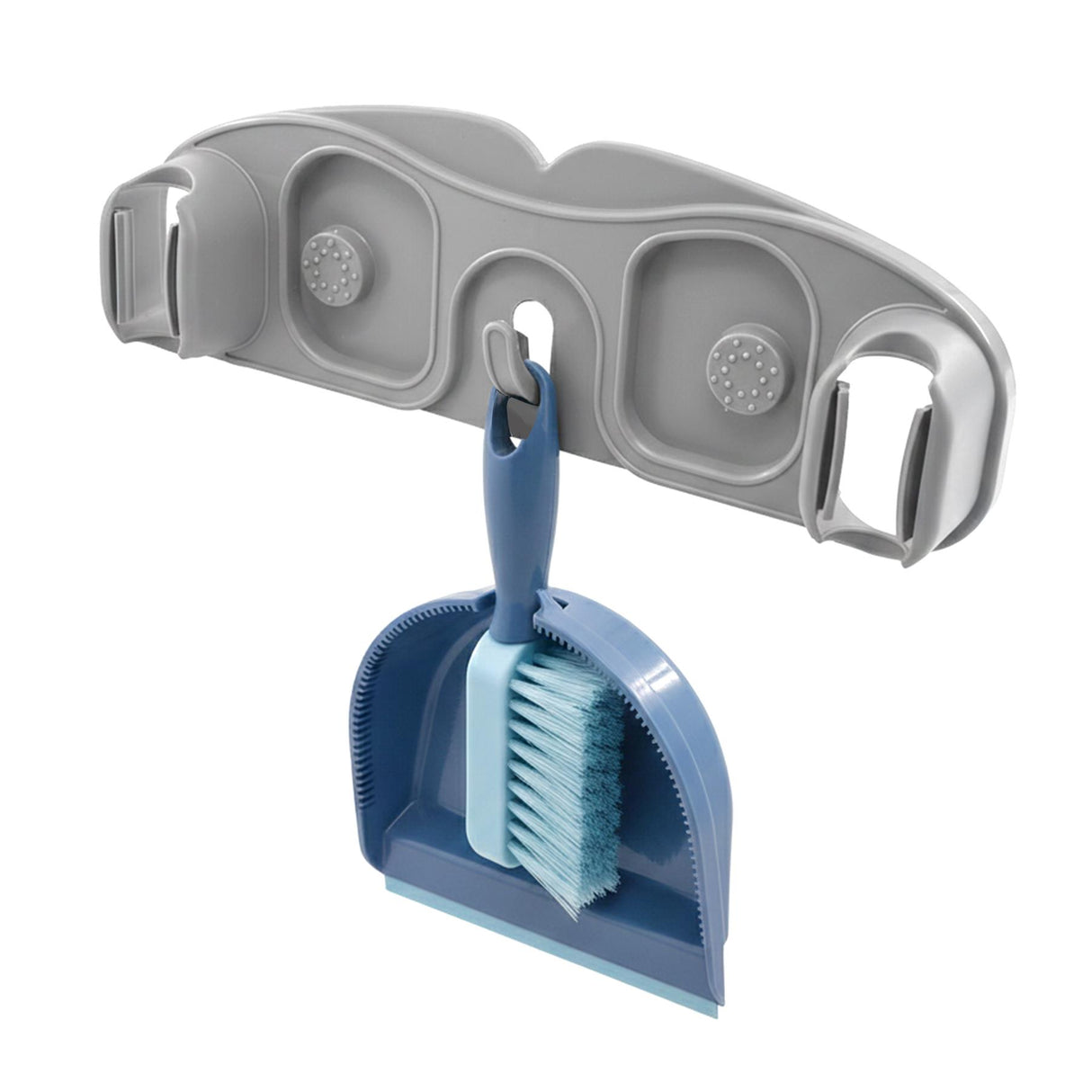Wall-mounted organizer unit holding a blue cleaning brush and hooks for storing tools.