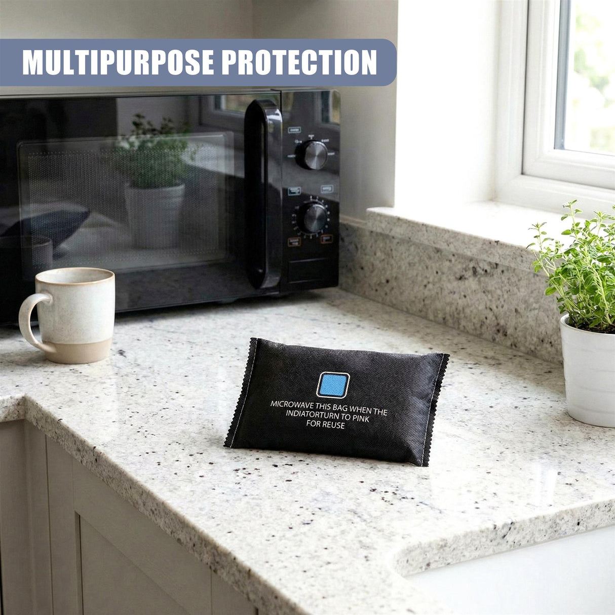 Black fabric bag with white text rests on a kitchen countertop in front of a toaster oven.