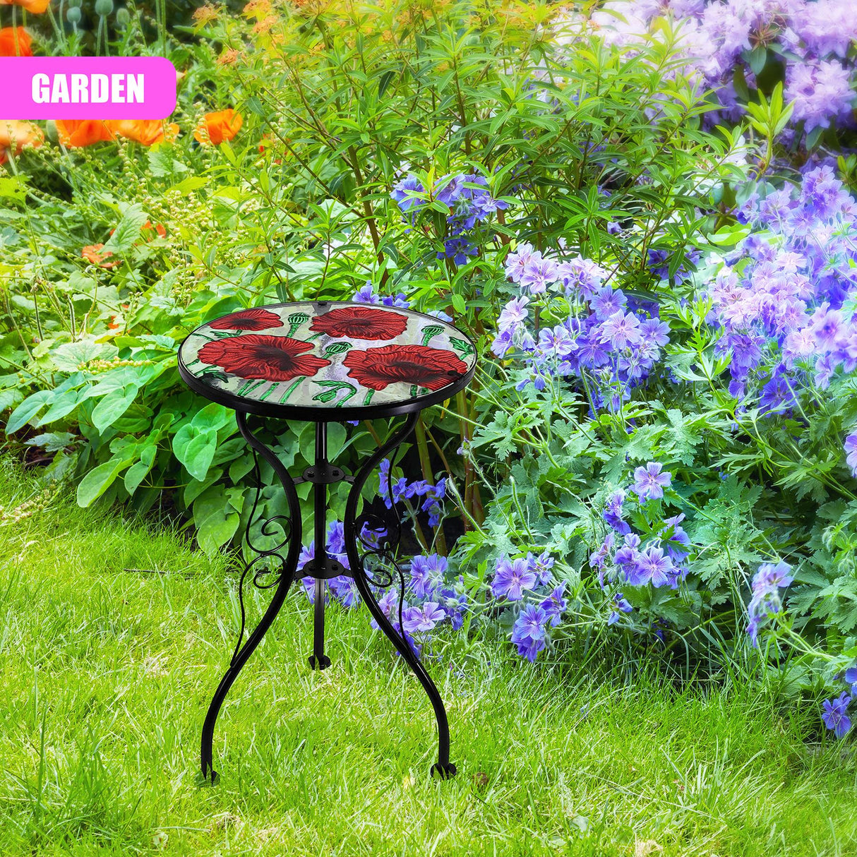 Round Side Mosaic Garden Table With Poppies Design by Geezy - UKBuyZone