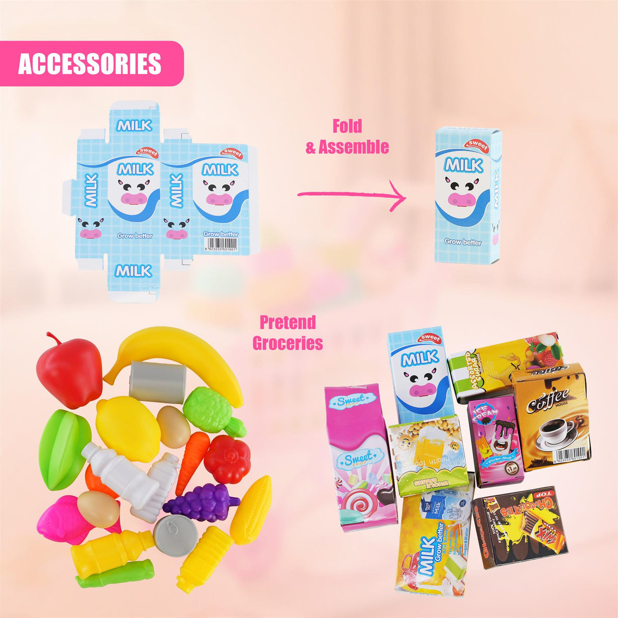 "3D Pink Shopping Trolley Toy with Shopping Bags and Fake Grocery Items" - UKBuyZone