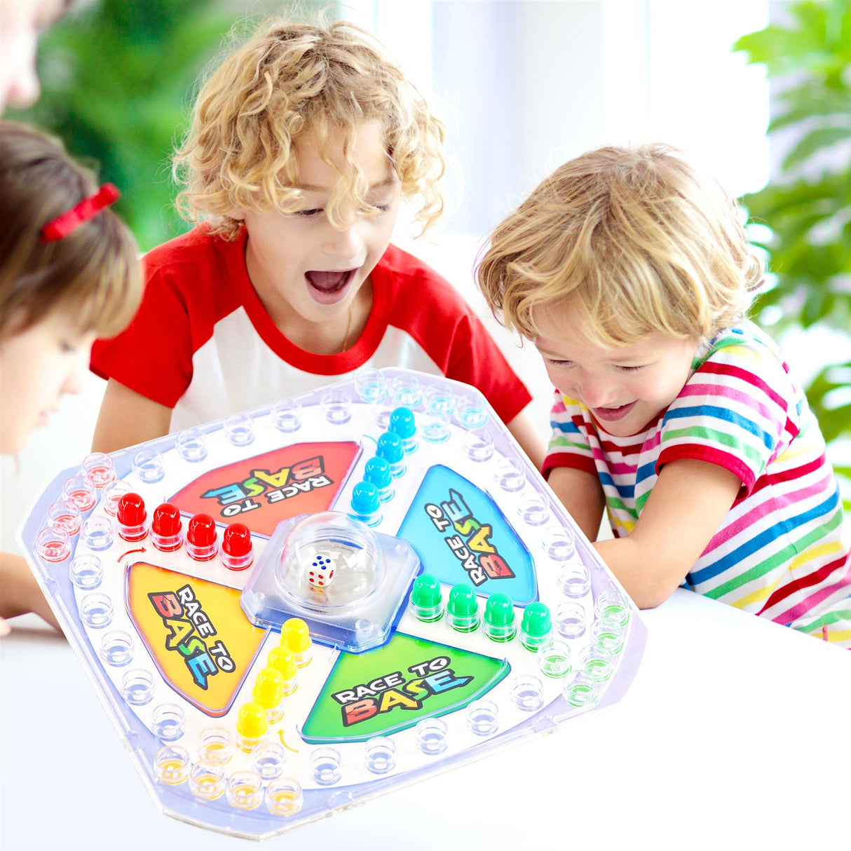 Race To Base board game set featuring a colorful plastic board, game tokens, and markers.