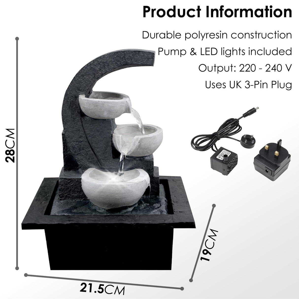 White Bowls Water Feature Indoor With LED by GEEZY - UKBuyZone