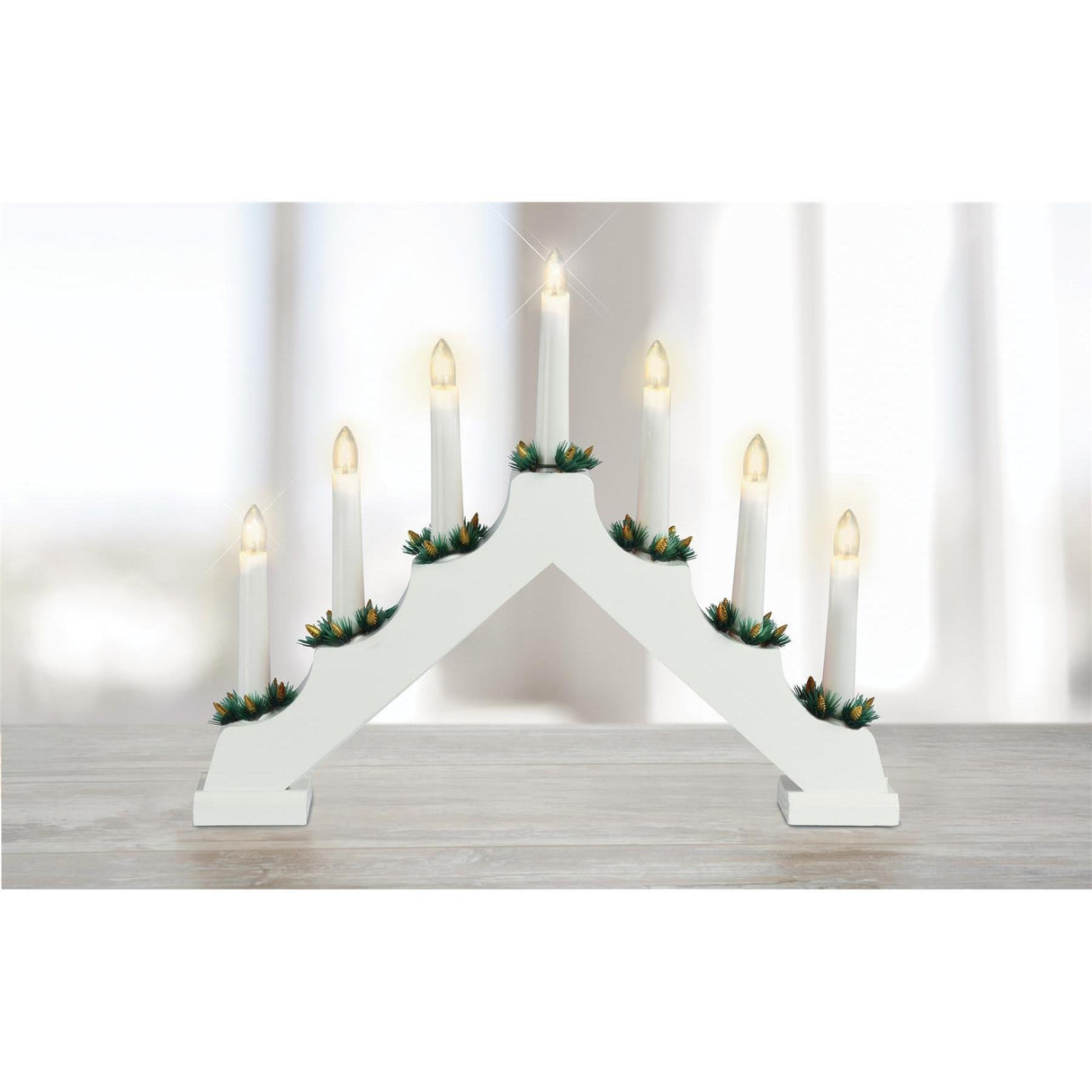 White Pre-Lit Wooden Candle Bridge With 7 Led Lights by GEEZY - UKBuyZone