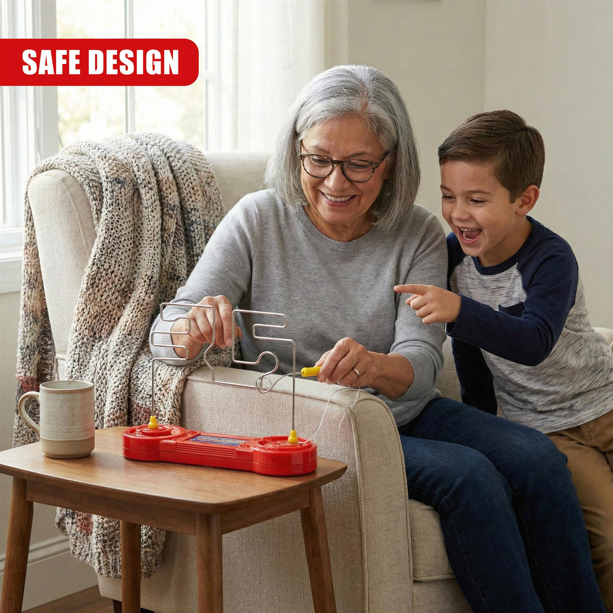 An adult and child playing a red, wire-based game on a wooden table.