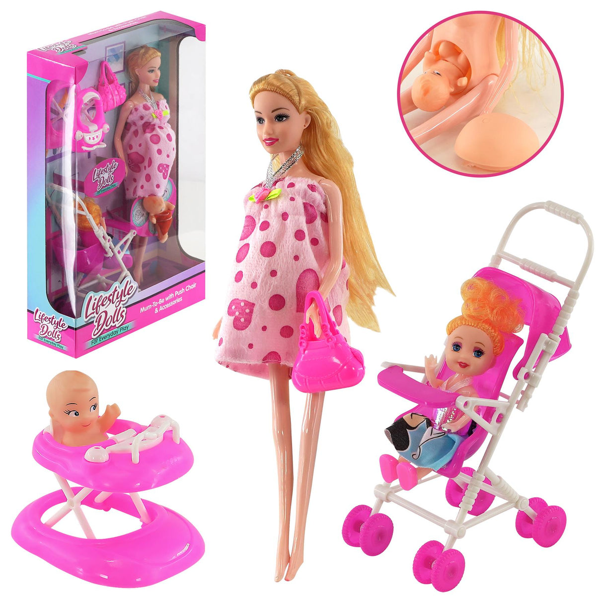 Doll set includes pregnant figure, bassinet, pram, accessories, and doll clothing.