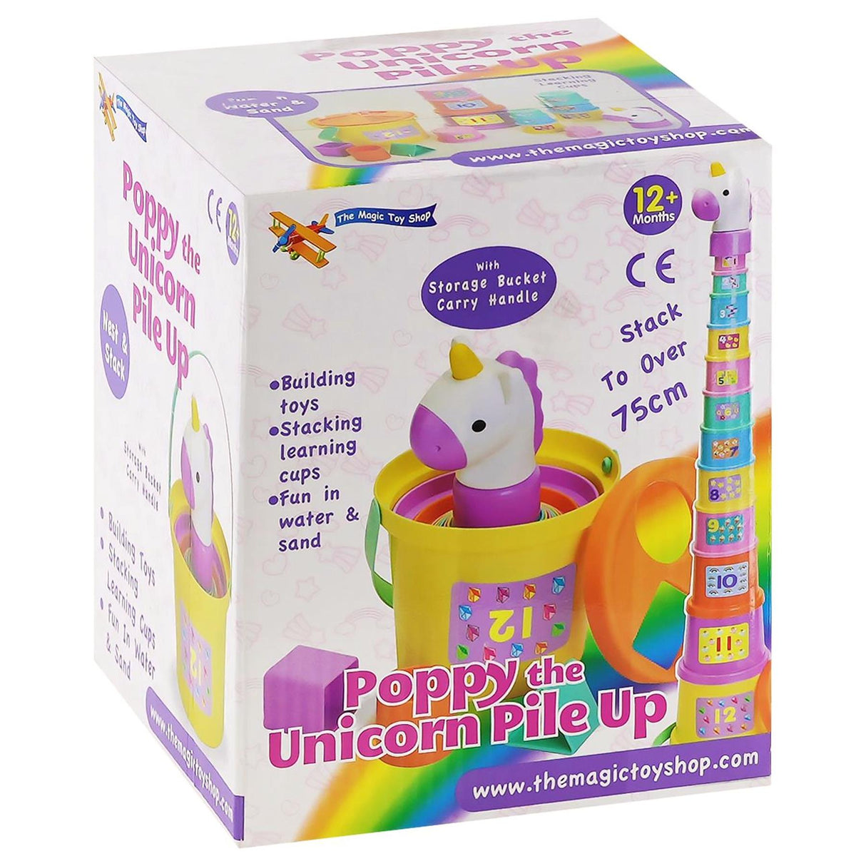 Colorful box packaging for a unicorn building set containing stacked cups and a unicorn figure.
