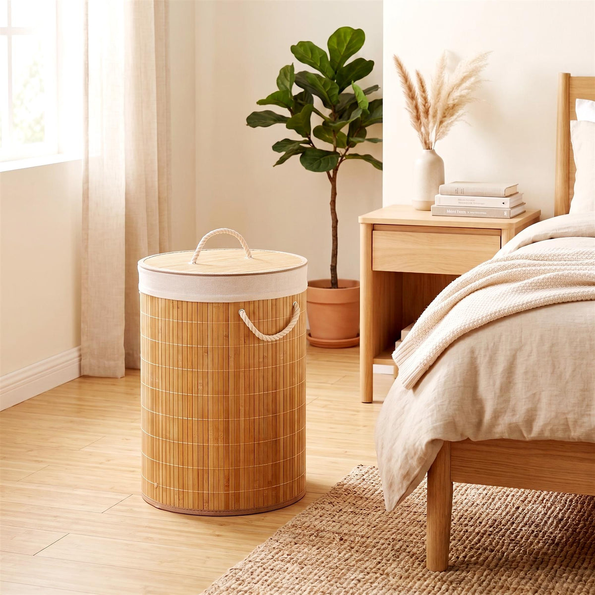 Round Bamboo Laundry Hamper 48L