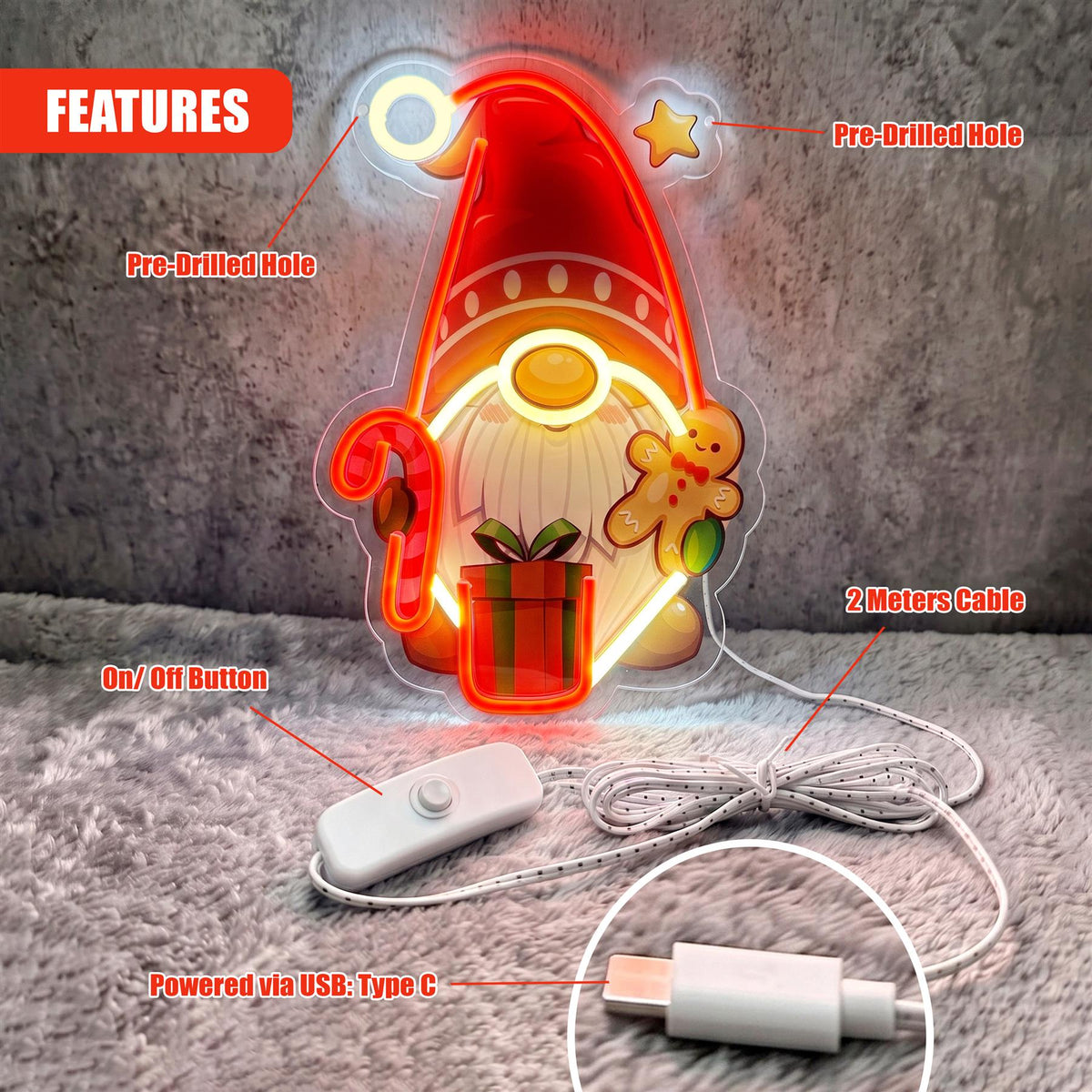 Santa Gnome Neon Sign by GEEZY, a red and yellow Christmas-themed light with pre-drilled holes, an on/off button, and a USB
