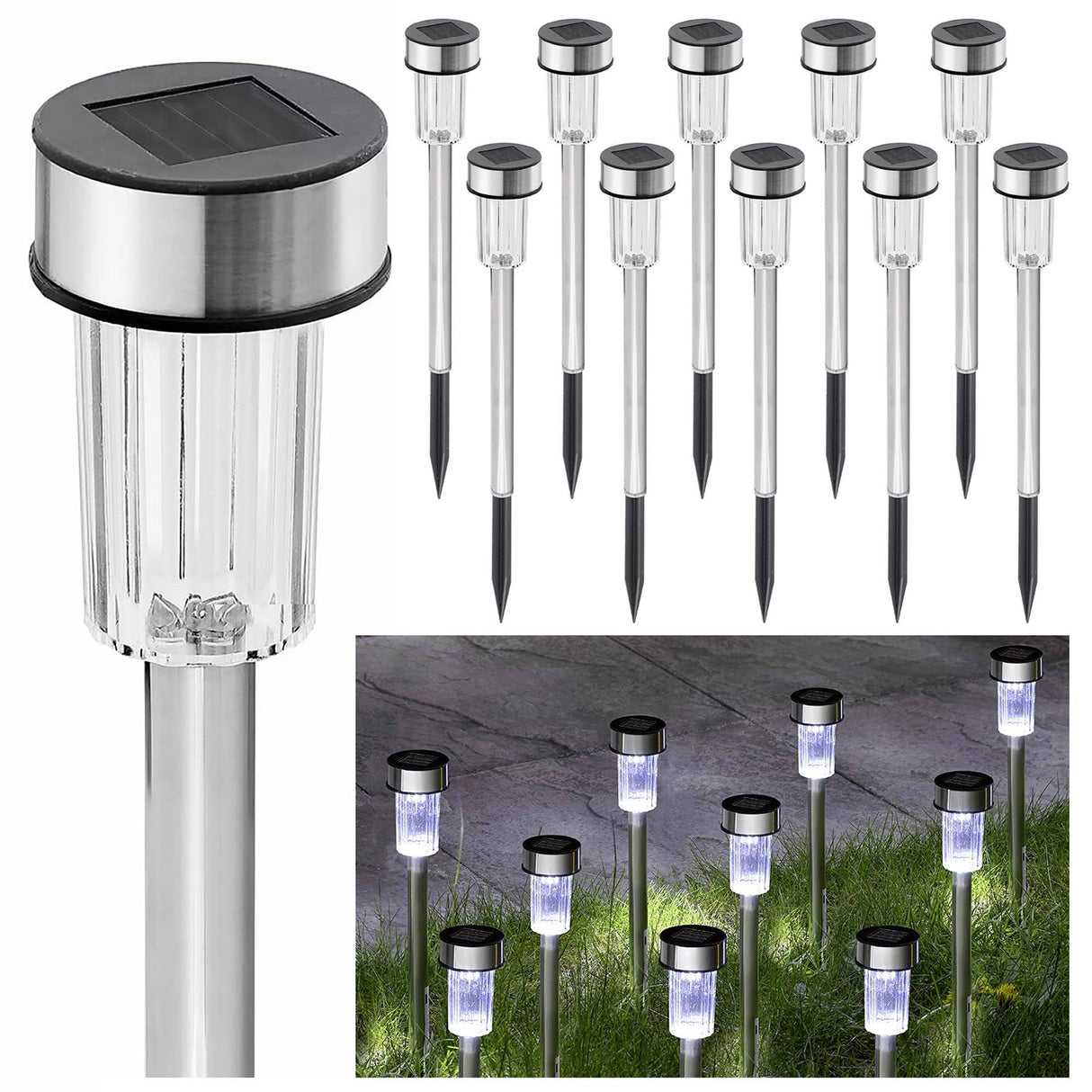 Set displays multiple styles of solar stake lights and one vertical solar pole fixture.