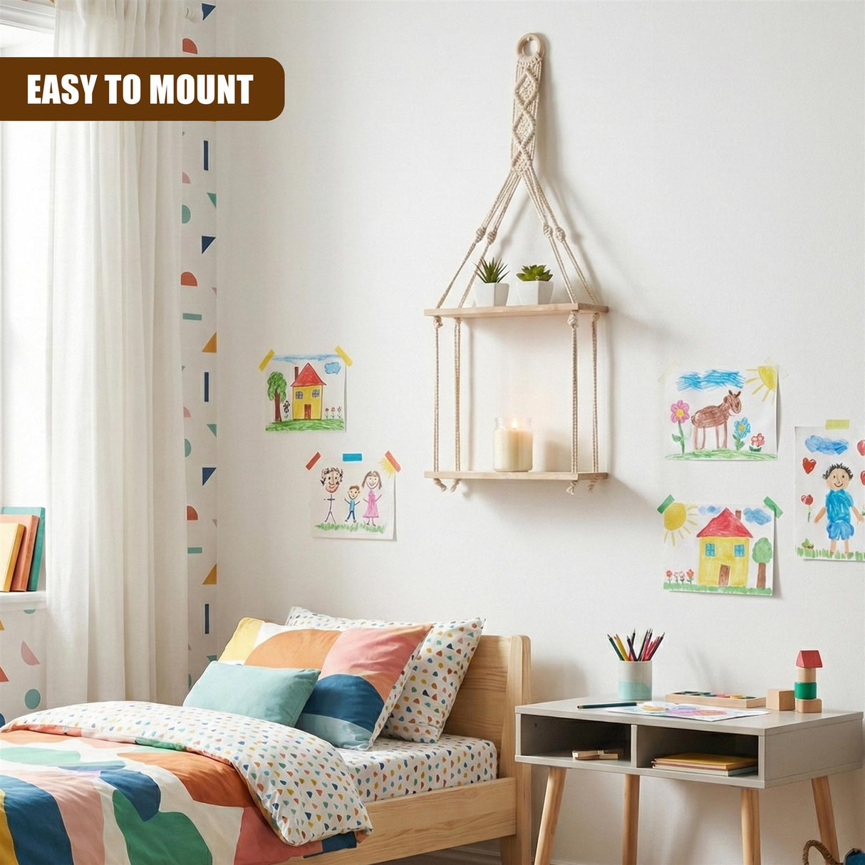 2 Tier Macrame Hanging Wall Shelf