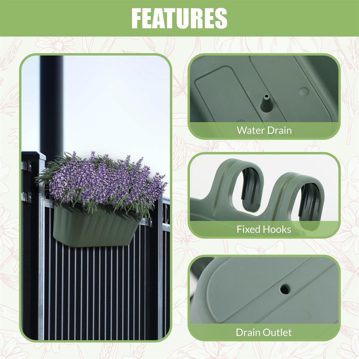 Green plant box, perfect for balconies or patios. It's a convenient and stylish addition to your outdoor space. Easily hang from your fence or balcony railing. Features:
- Durable plastic material ensures long-lasting durability in various weather conditions.
- Drain holes at the bottom of the planter prevent water accumulation and promote healthy root growth.
- Fixed hooks for easy mounting on fences, rails or any other sturdy surface.
- A small opening in the front allows for easy plant car… - UKBuyZone