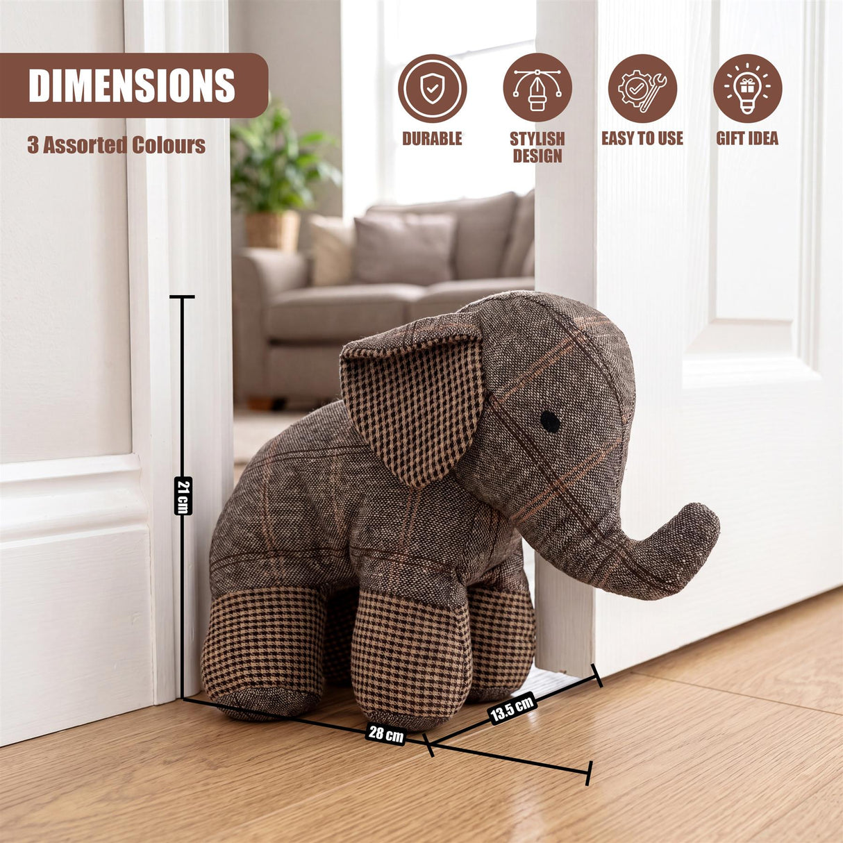 Tartan cloth elephant door stopper novelty weighs 2kg and measures 28 x 13.5 cm.