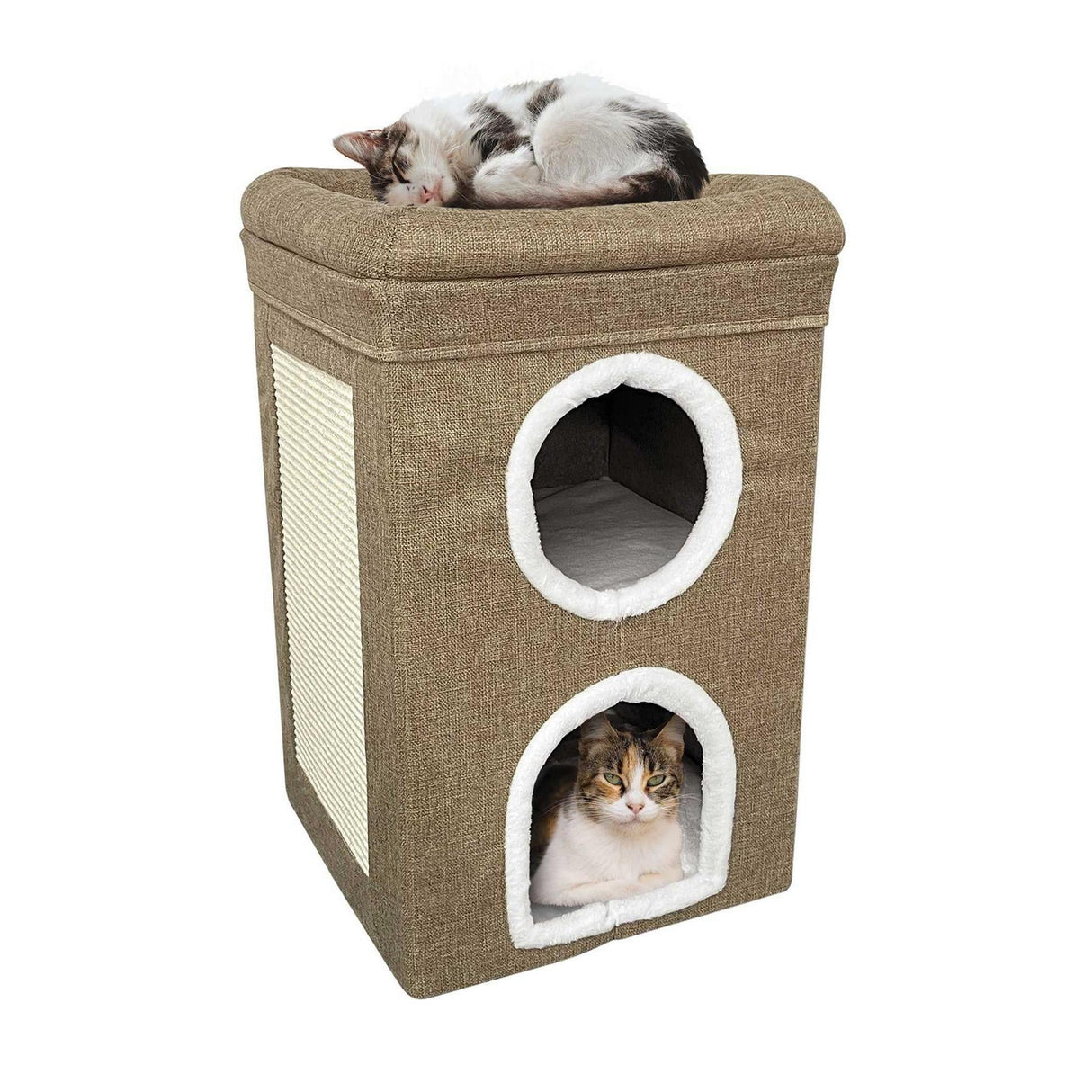 "Twin-tiered cat house with a toy mouse and cushion inside." - UKBuyZone