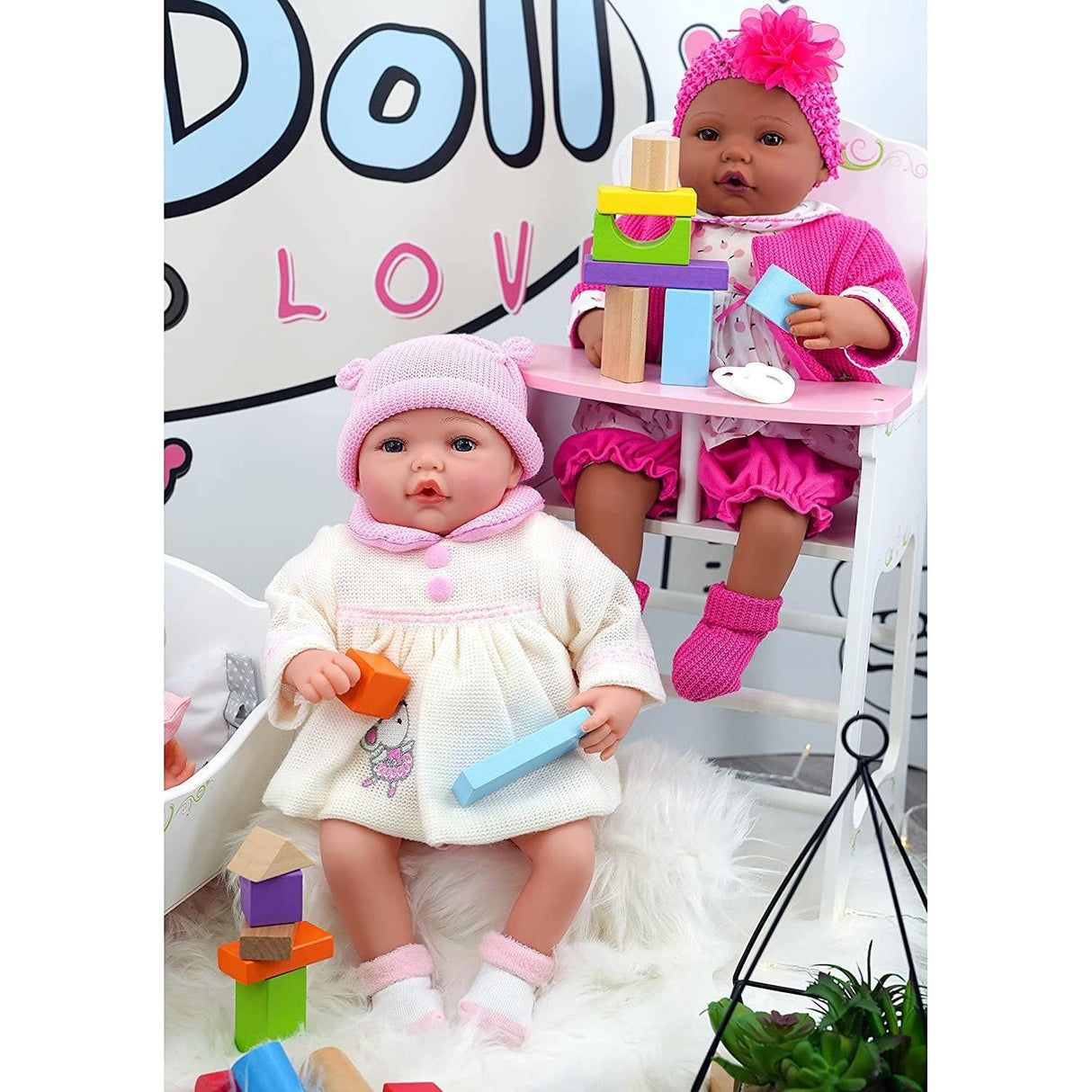 Dolls high chair with cradle set. Two dolls sitting in the high chair and cradle, holding blocks and toys. - UKBuyZone