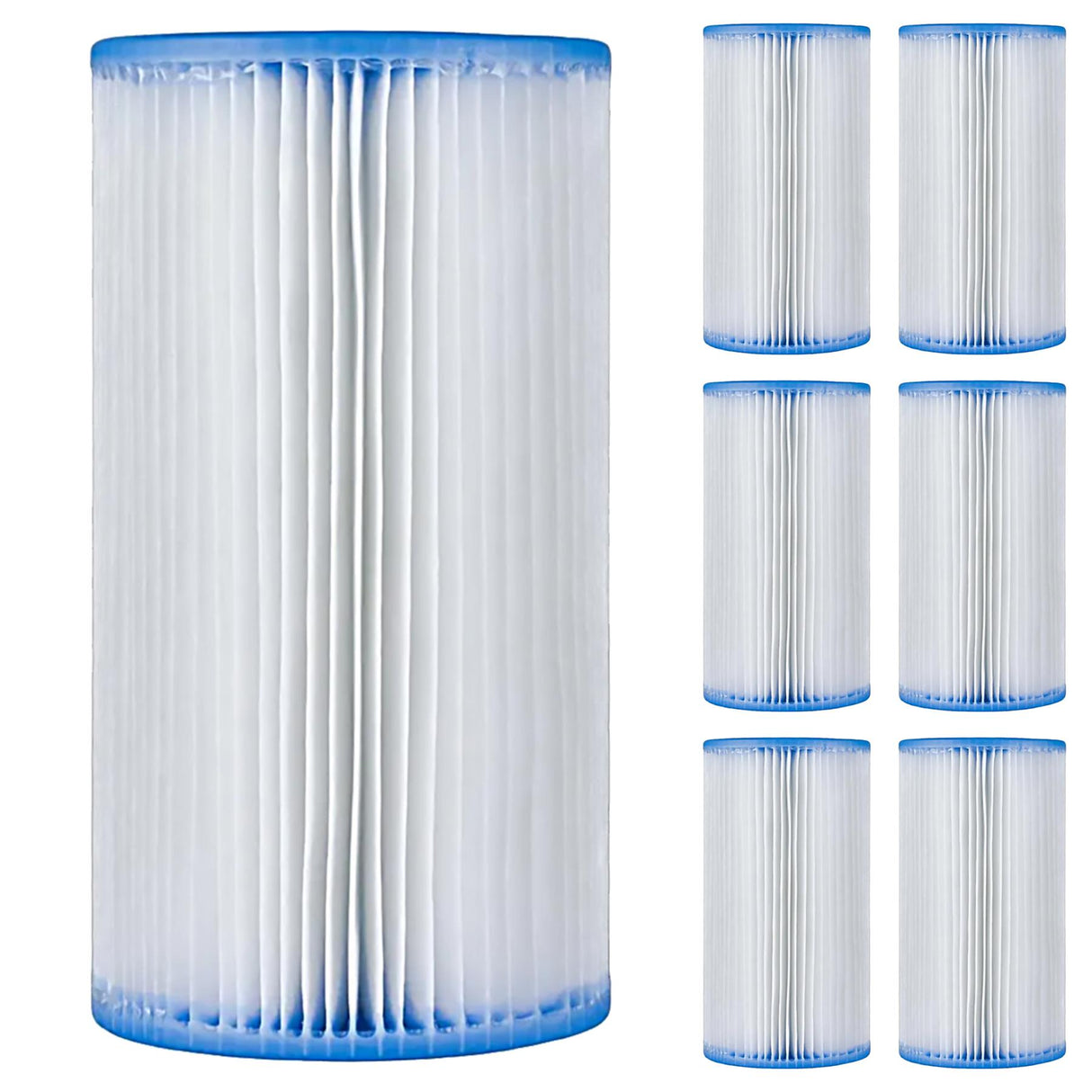 Six white and blue cylindrical filter cartridges displayed; one large unit and five smaller matching units.