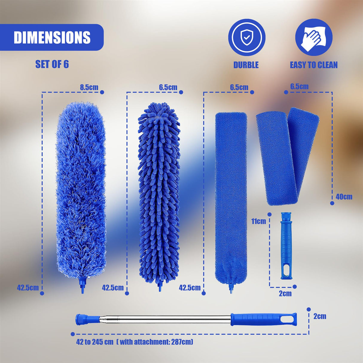 Diagram showing dimensions for six cleaning attachments, including brushes, cloths, and extendable handle.
