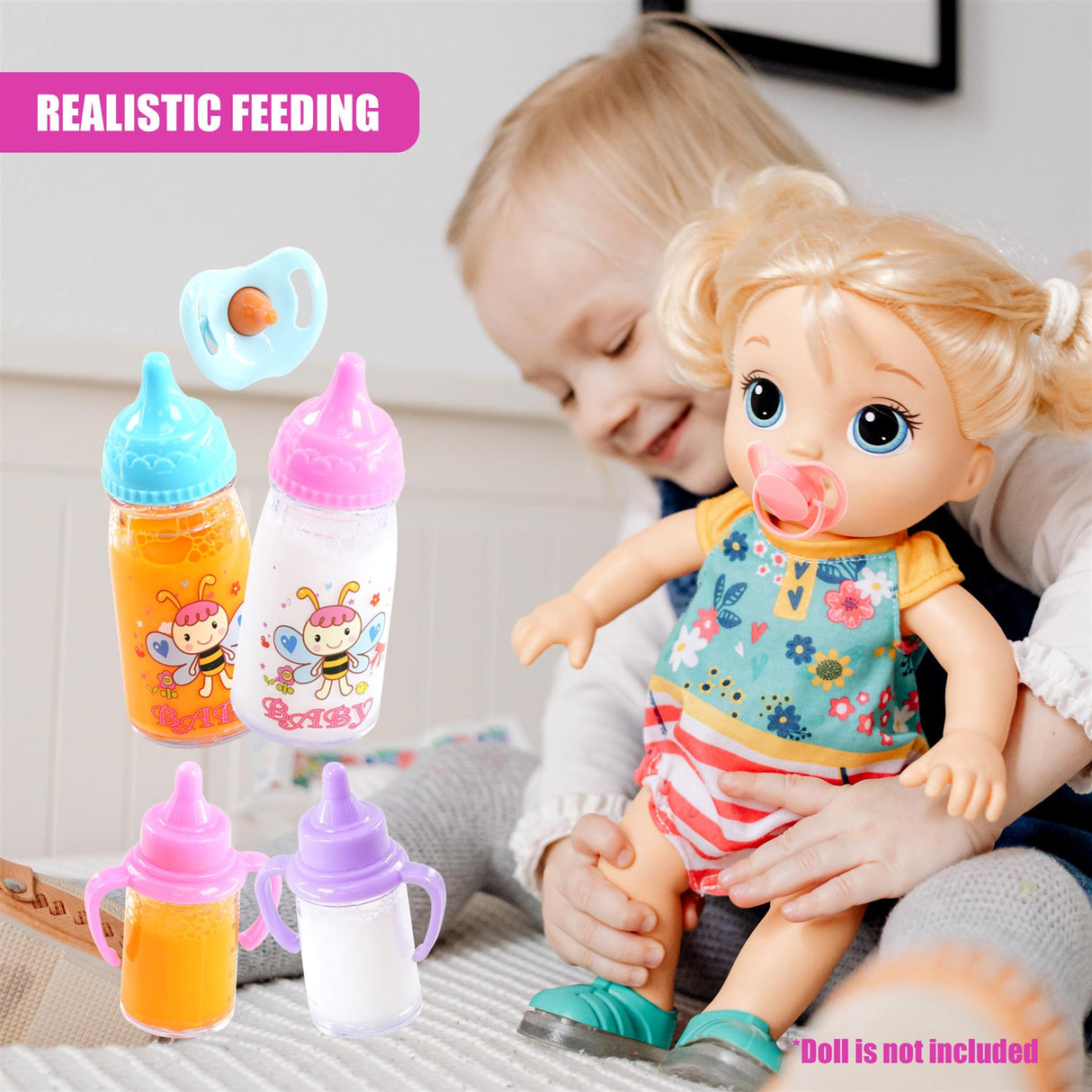 The image displays a doll and multiple baby feeding accessories, including colored bottles and a pacifier.