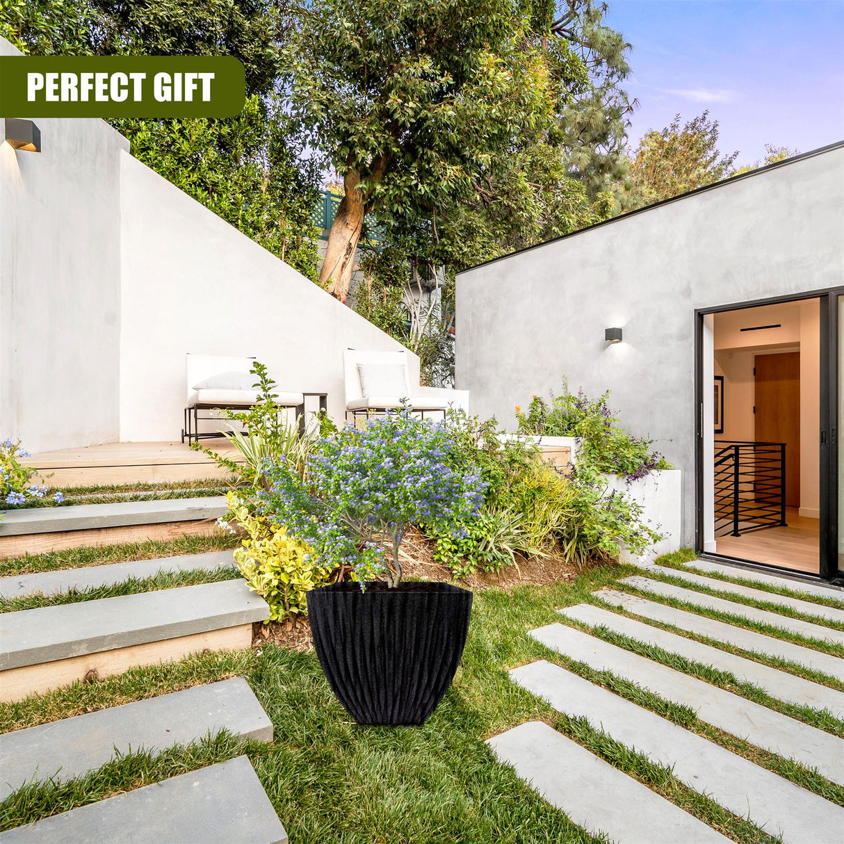 Large Charcoal Black Lotus Square Planter