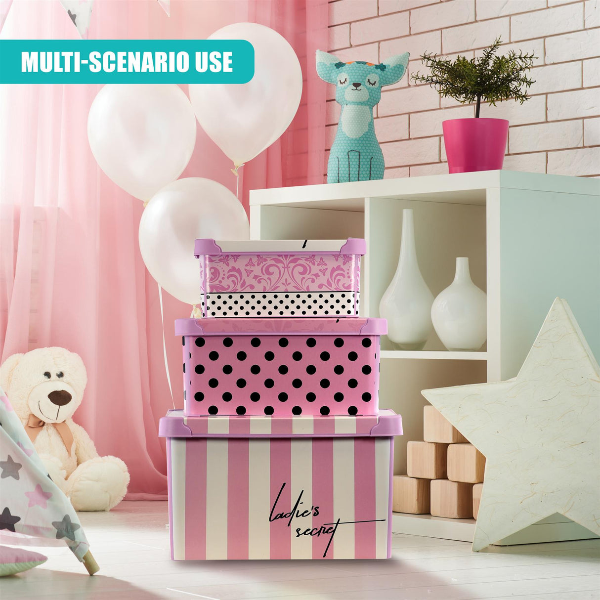 Pink Storage Boxes with Lids - Set of 3 by GEEZY - UKBuyZone