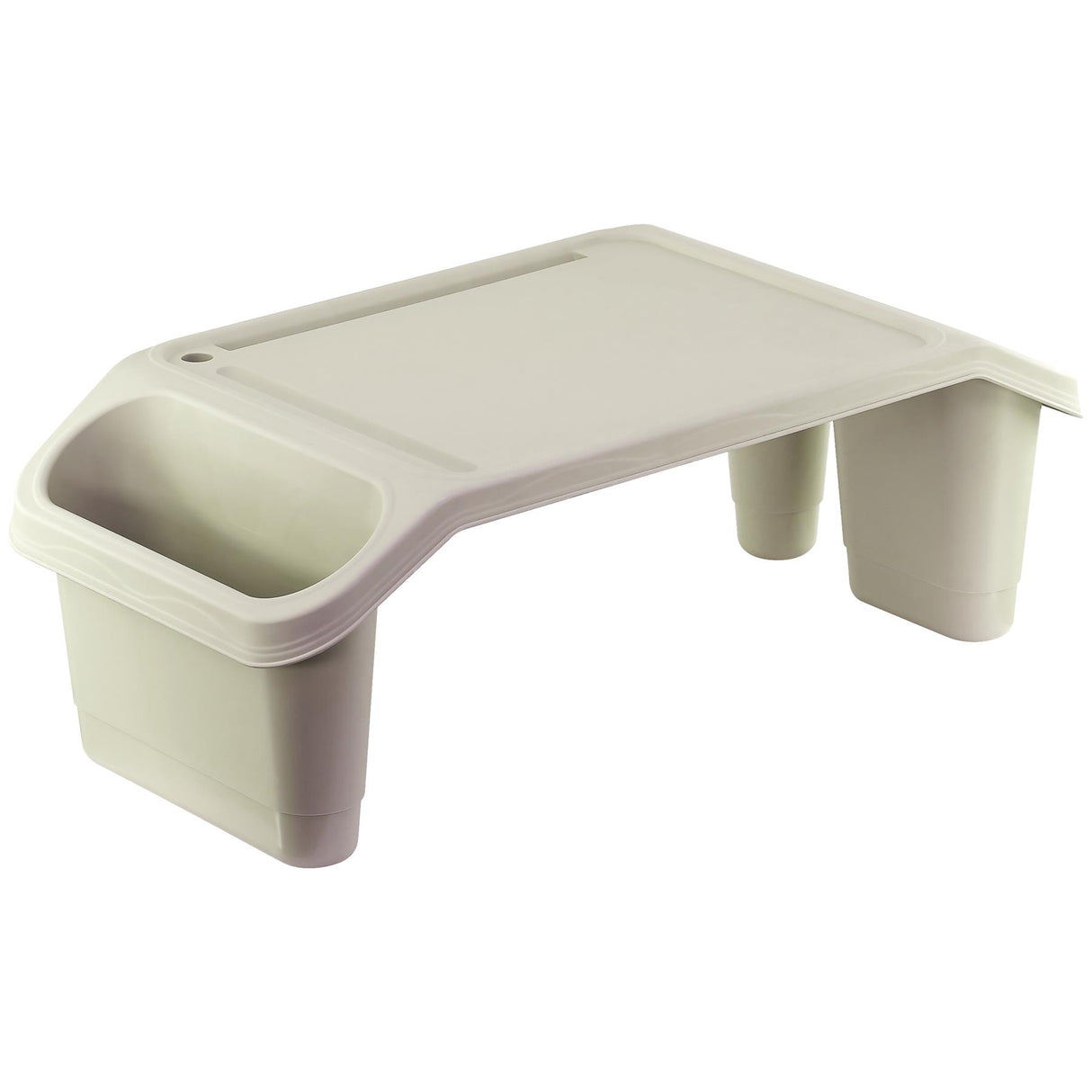 Plastic bed tray table with storage, placed on its side, ready for assembly. - UKBuyZone