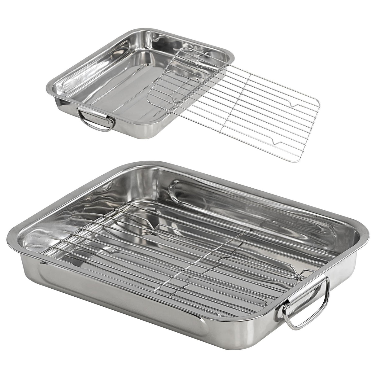 Stainless steel roasting tray set with removable wire cooling rack for baking or cooking.
