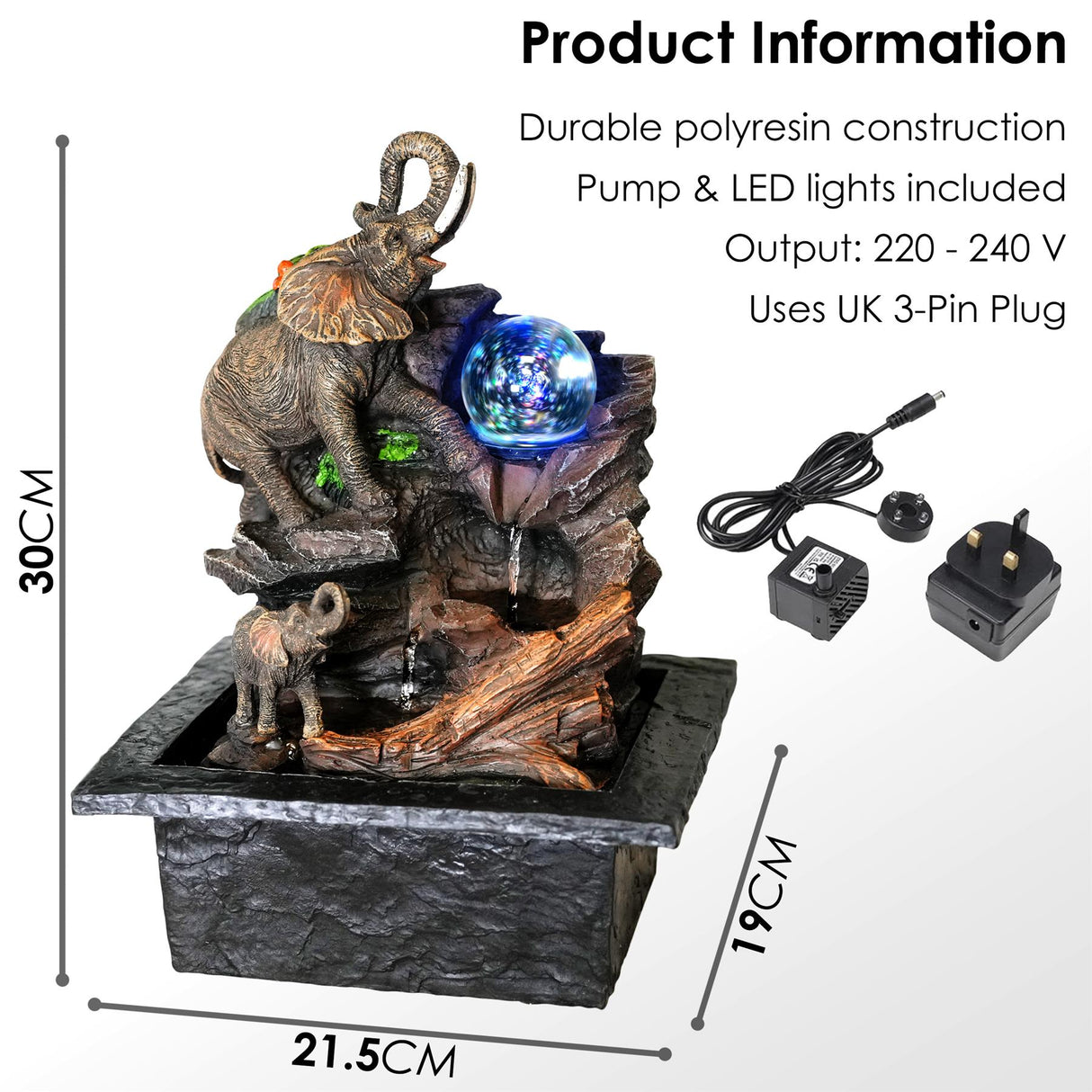 Elephant Water Feature Indoor With LED by GEEZY - UKBuyZone