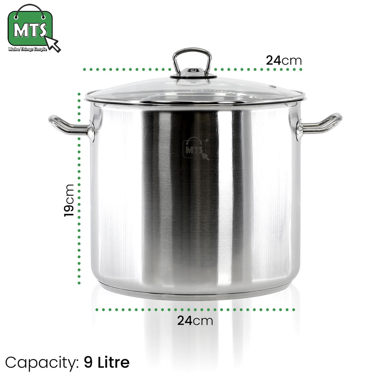 A stainless steel pot with a capacity of 9 liters, featuring a 24cm diameter and a 19cm height, with a handle on each side and a lid with a handle. - UKBuyZone