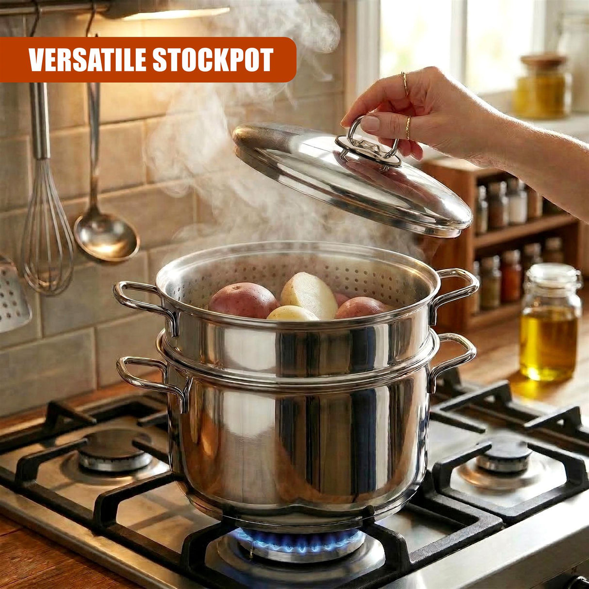Stainless steel stockpot on lit gas stove, steaming pasta ingredients and ladle.