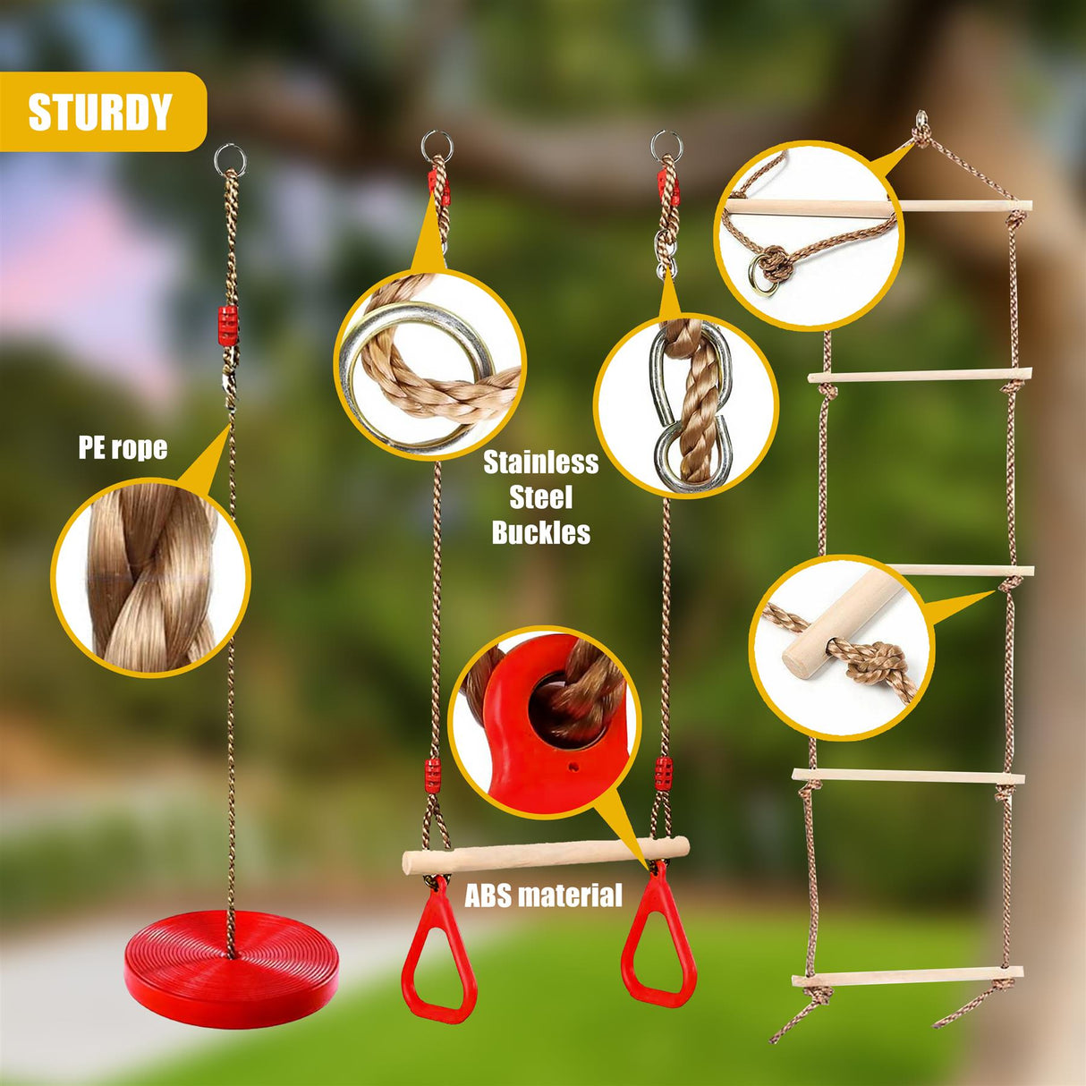 Wooden Trapeze Swing, Rope Ladder & Red Plate Seat by The Magic Toy Shop - UKBuyZone