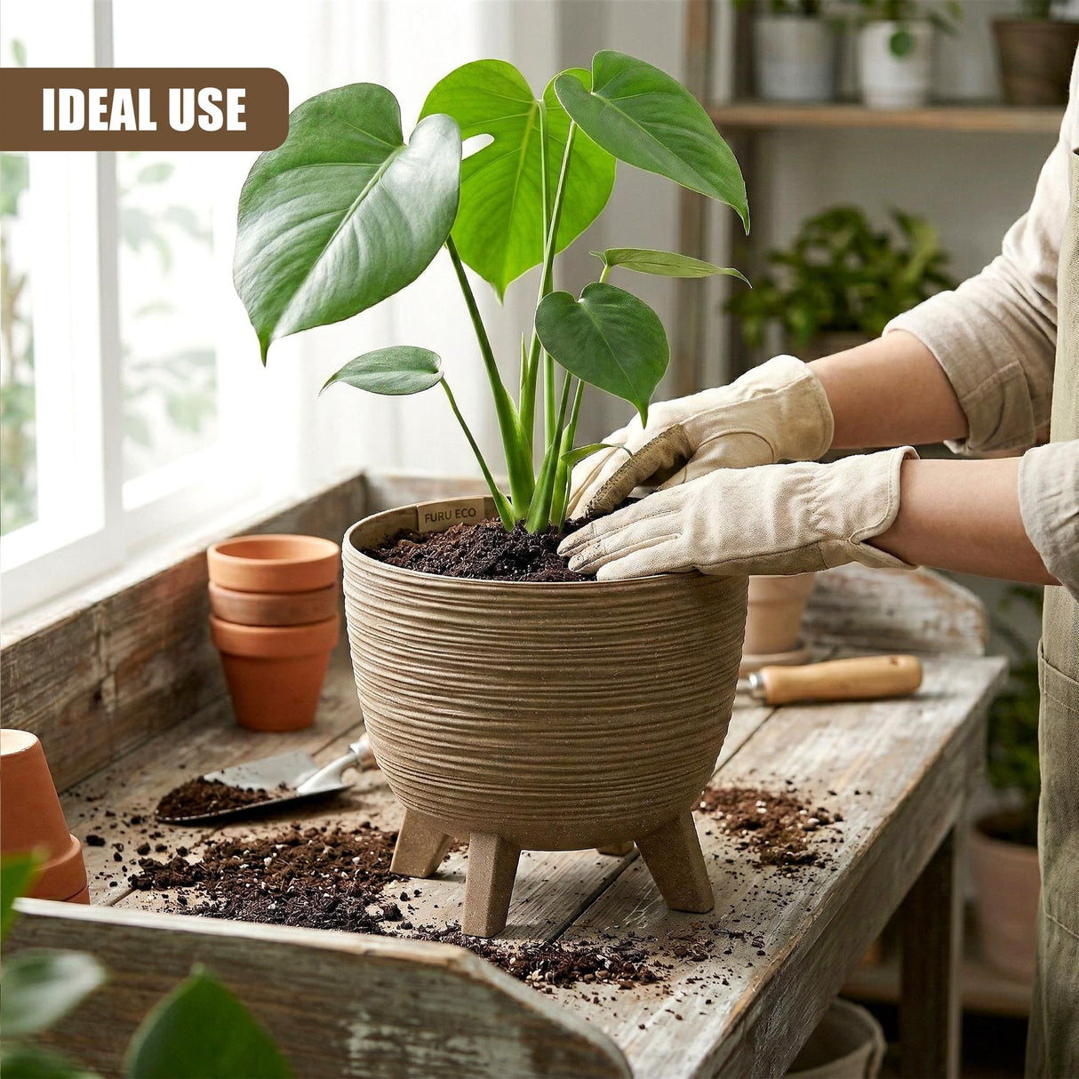 Hands place a potted green plant into a light brown, ribbed container supported by legs on wood.
