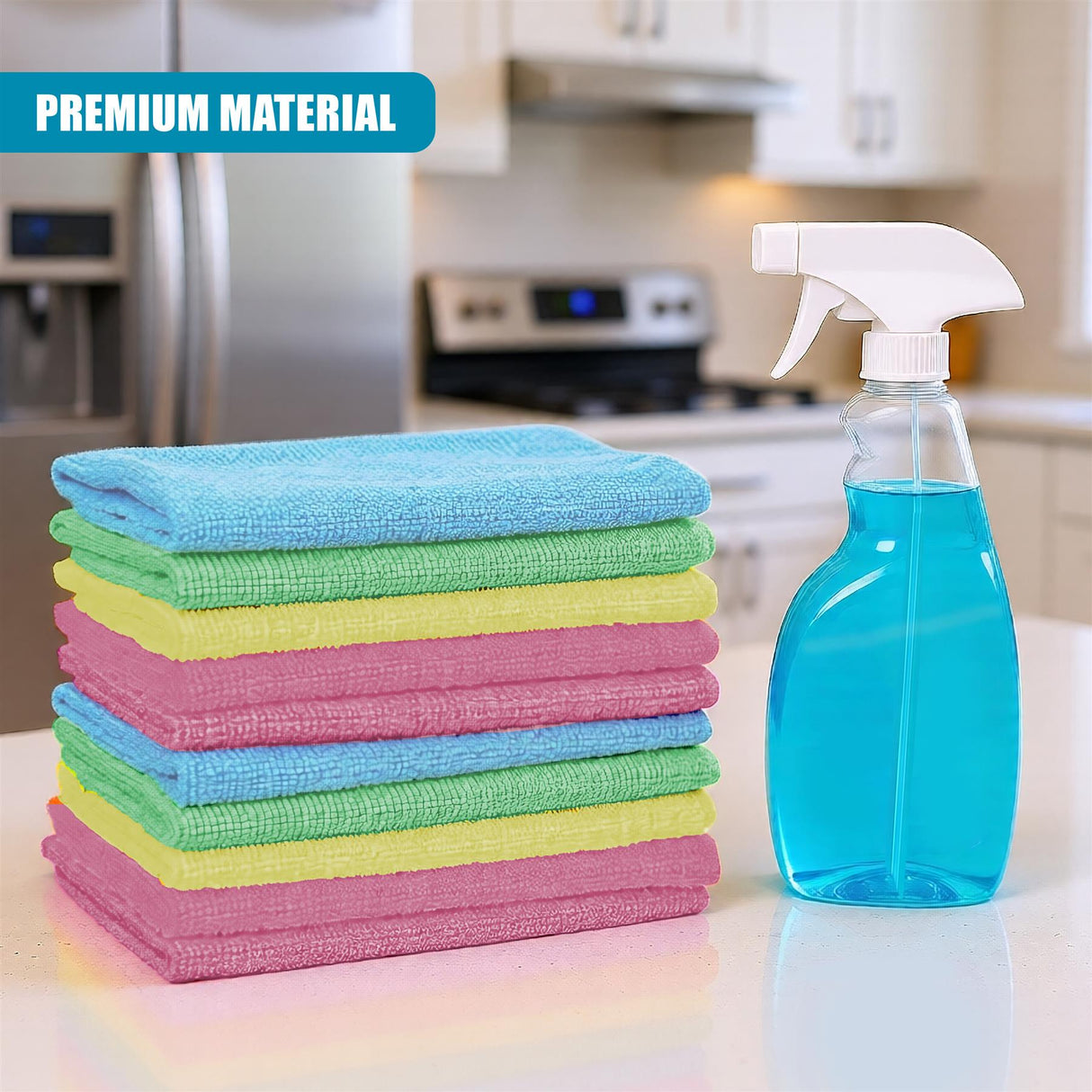 A stack of brightly colored microfiber cloths rests near a blue spray bottle filled with cleaning solution.
