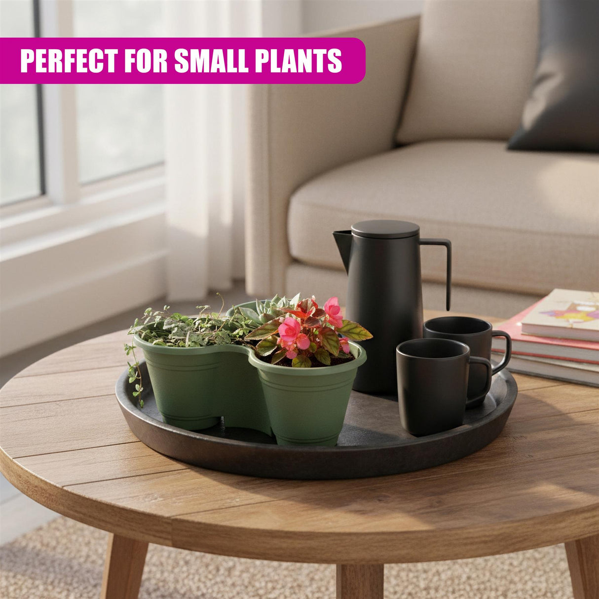 Assorted colored stackable planters, pots, and accessories are arranged on a dark serving tray.