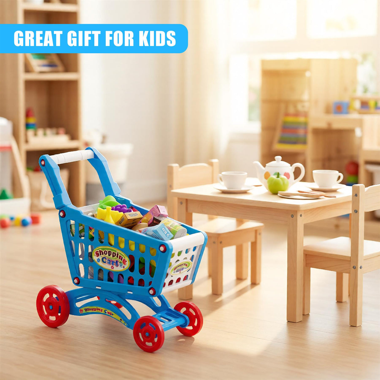 "A child's blue shopping cart play set, perfect for imaginative play in a child's bedroom or playroom." - UKBuyZone