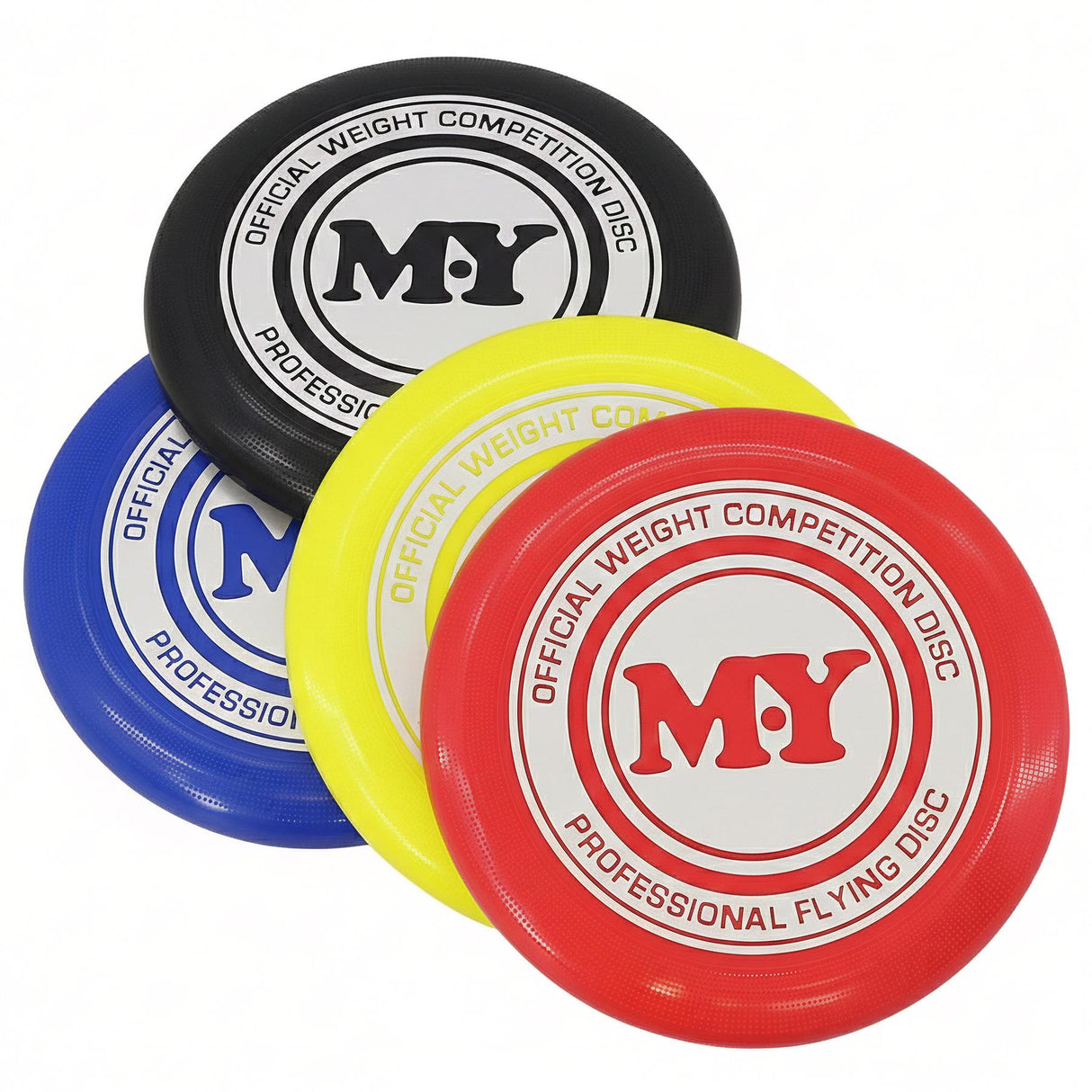 A stack of four colored flying discs: black, blue, yellow, and red.