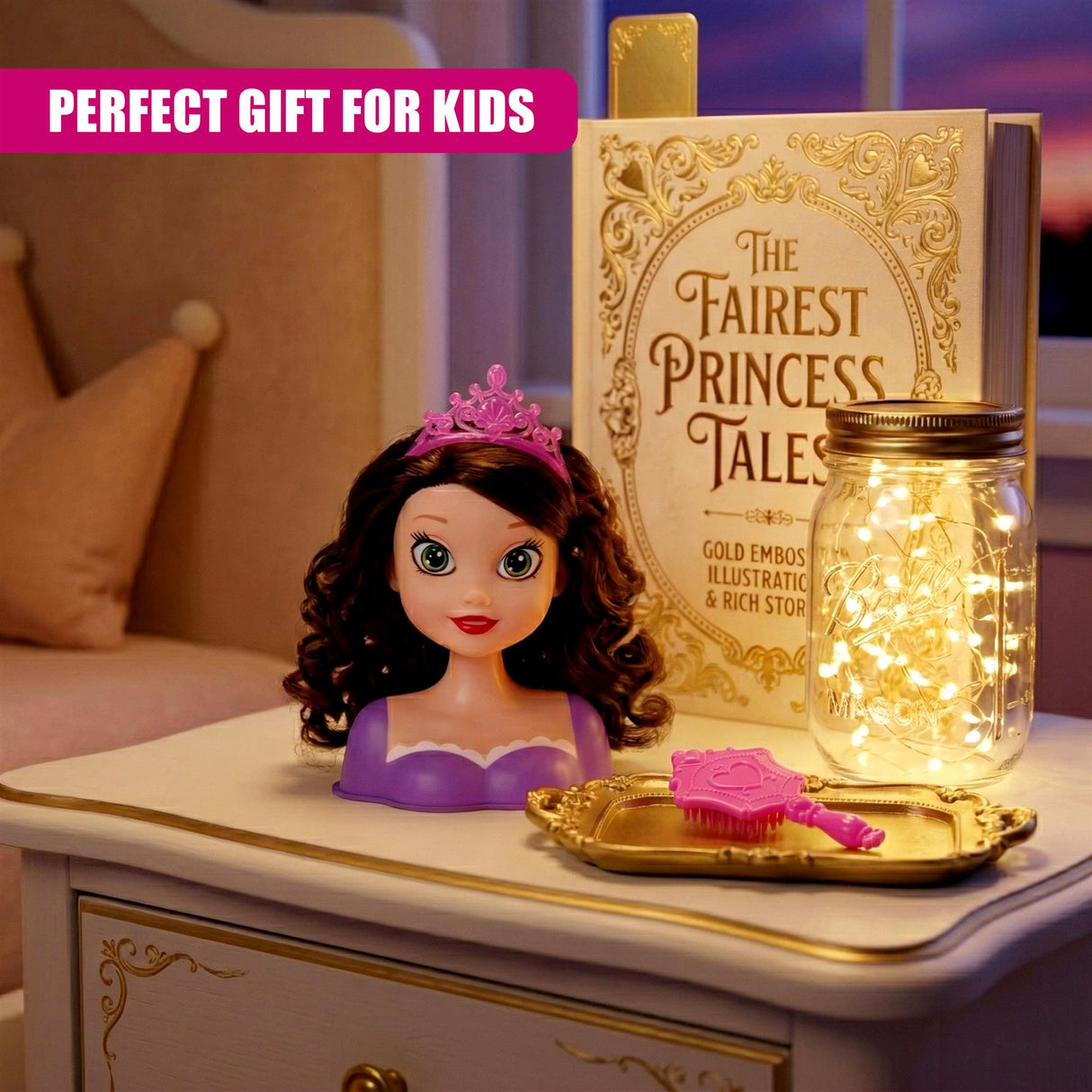 Doll head, makeup accessories on a gold tray, book, and illuminated mason jar are displayed.