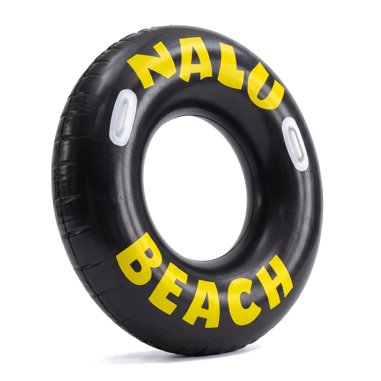 Black inflatable ring labeled with yellow text that reads NALU and BEACH.