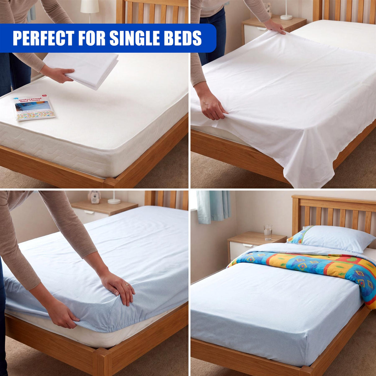Demonstrations of white waterproof bed covers on a single wooden bed frame.