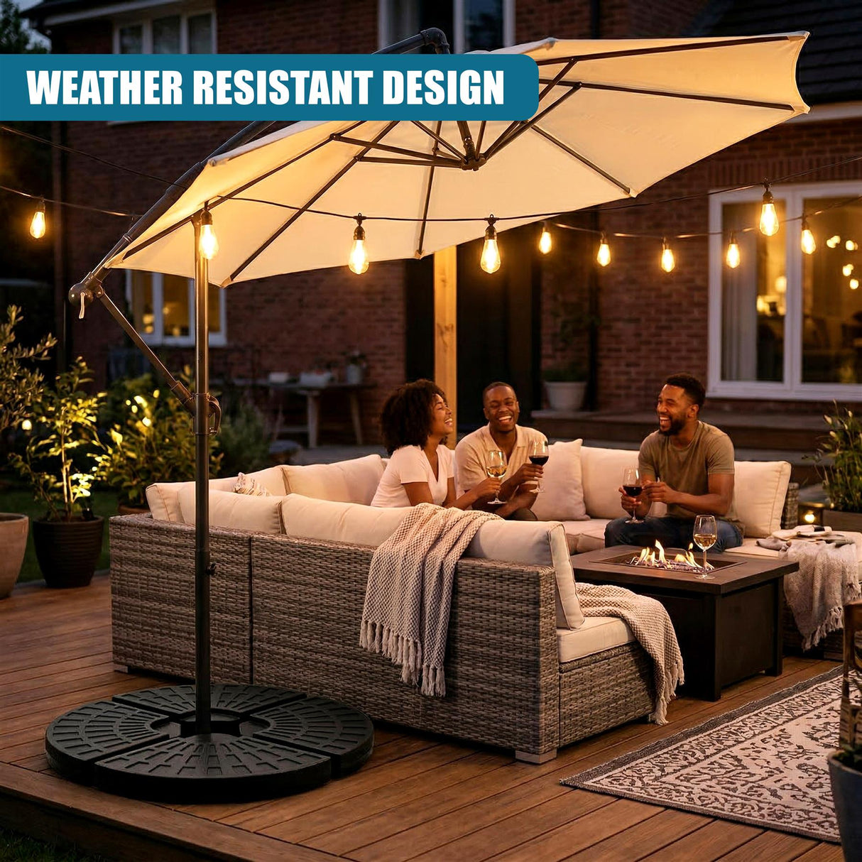 A cantilever patio parasol with a round base shades an outdoor sofa on a wooden deck.
