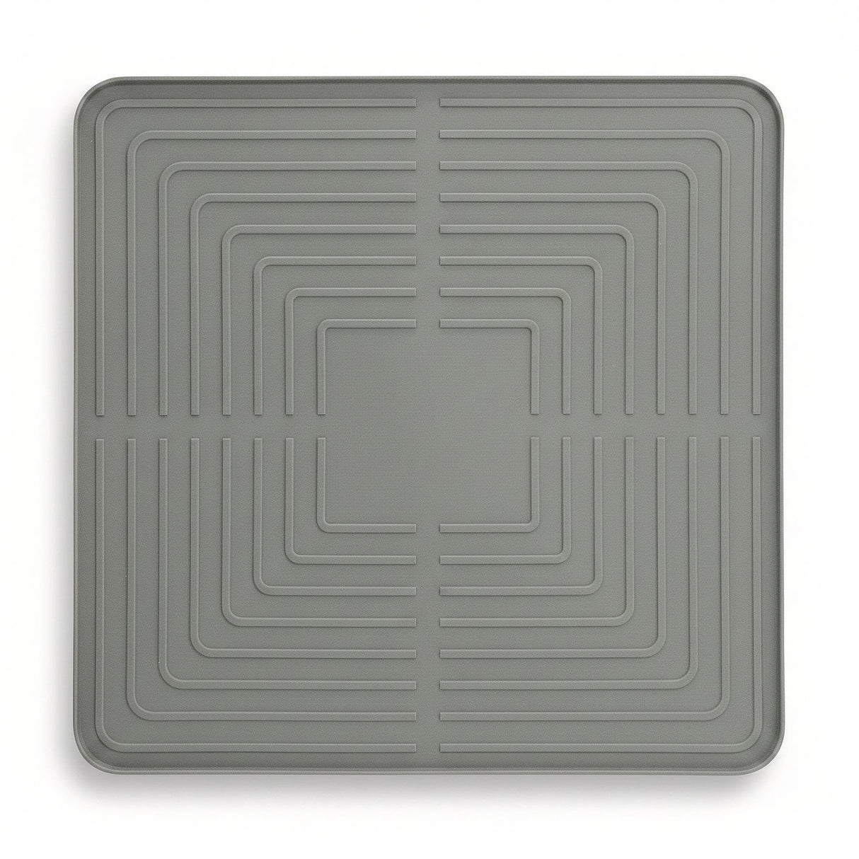 Rectangular gray drying mat featuring a pattern of nested concentric square ridges.