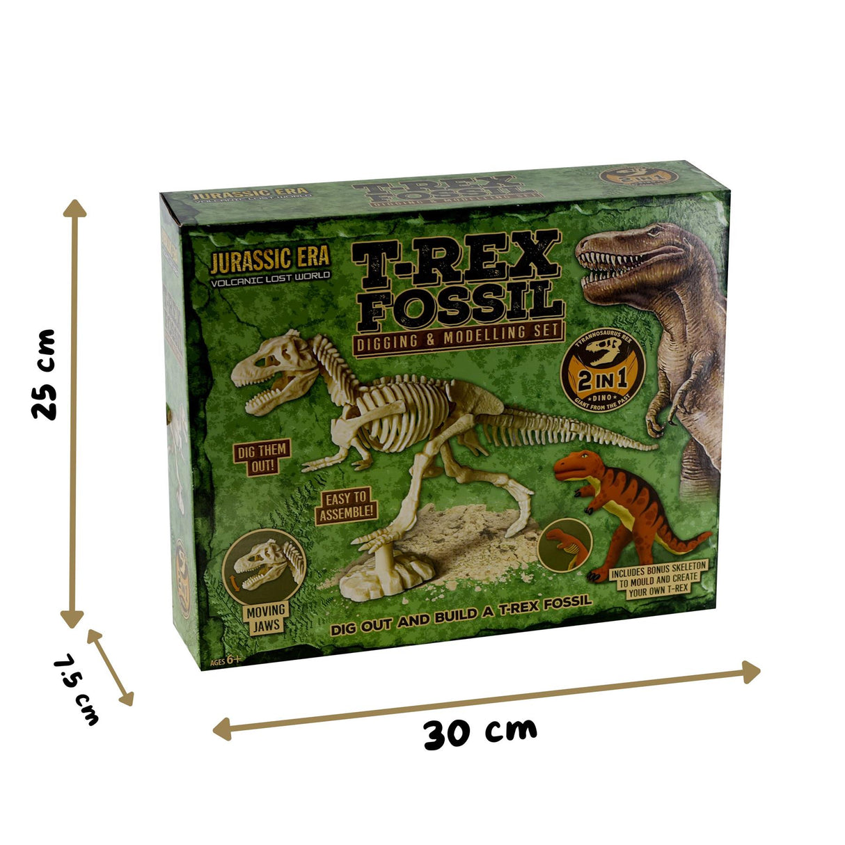 Cardboard box packaging for a T-Rex fossil digging and assembling model kit.