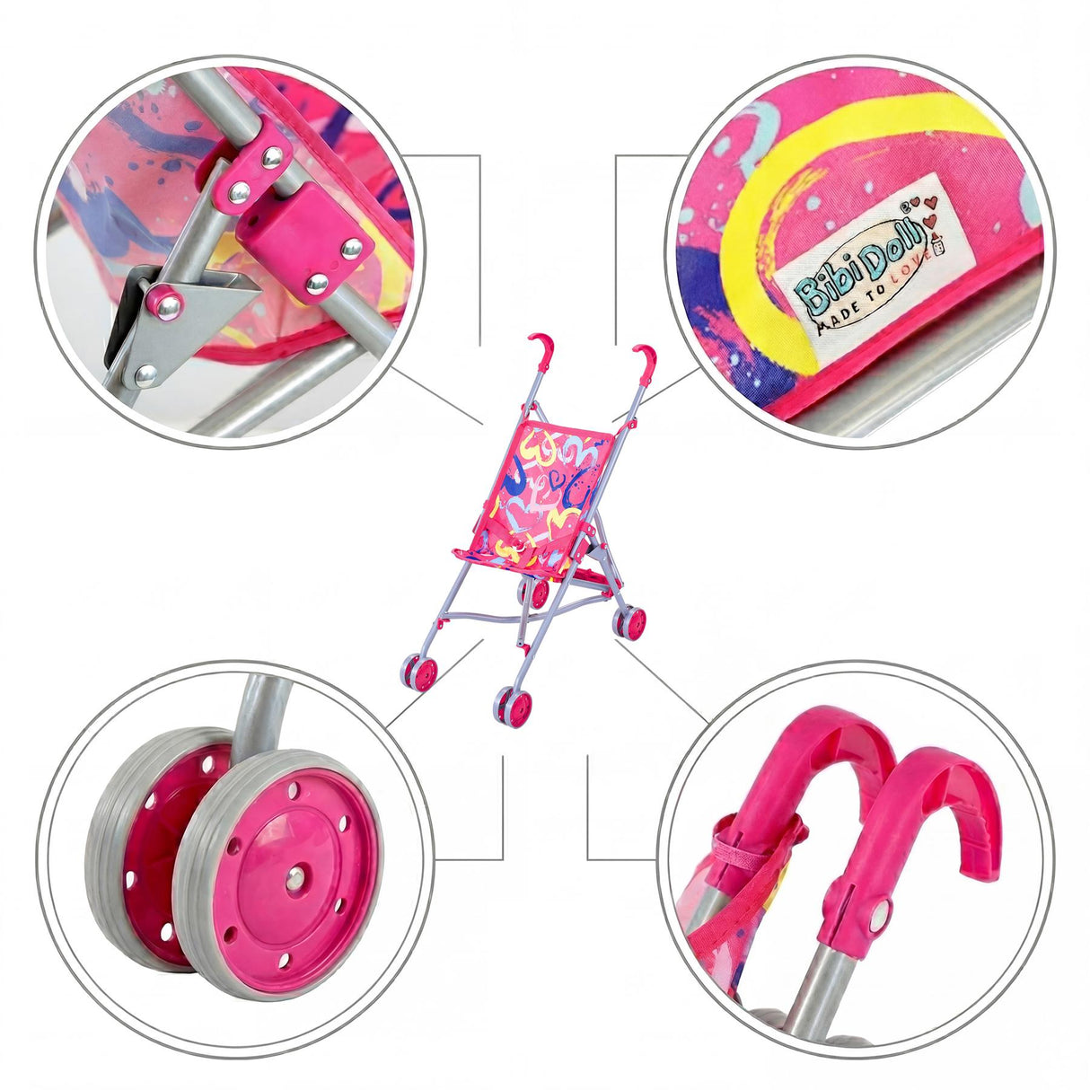 A pink doll buggy set showing wheels, handles, and yellow and pink fabric accessories.