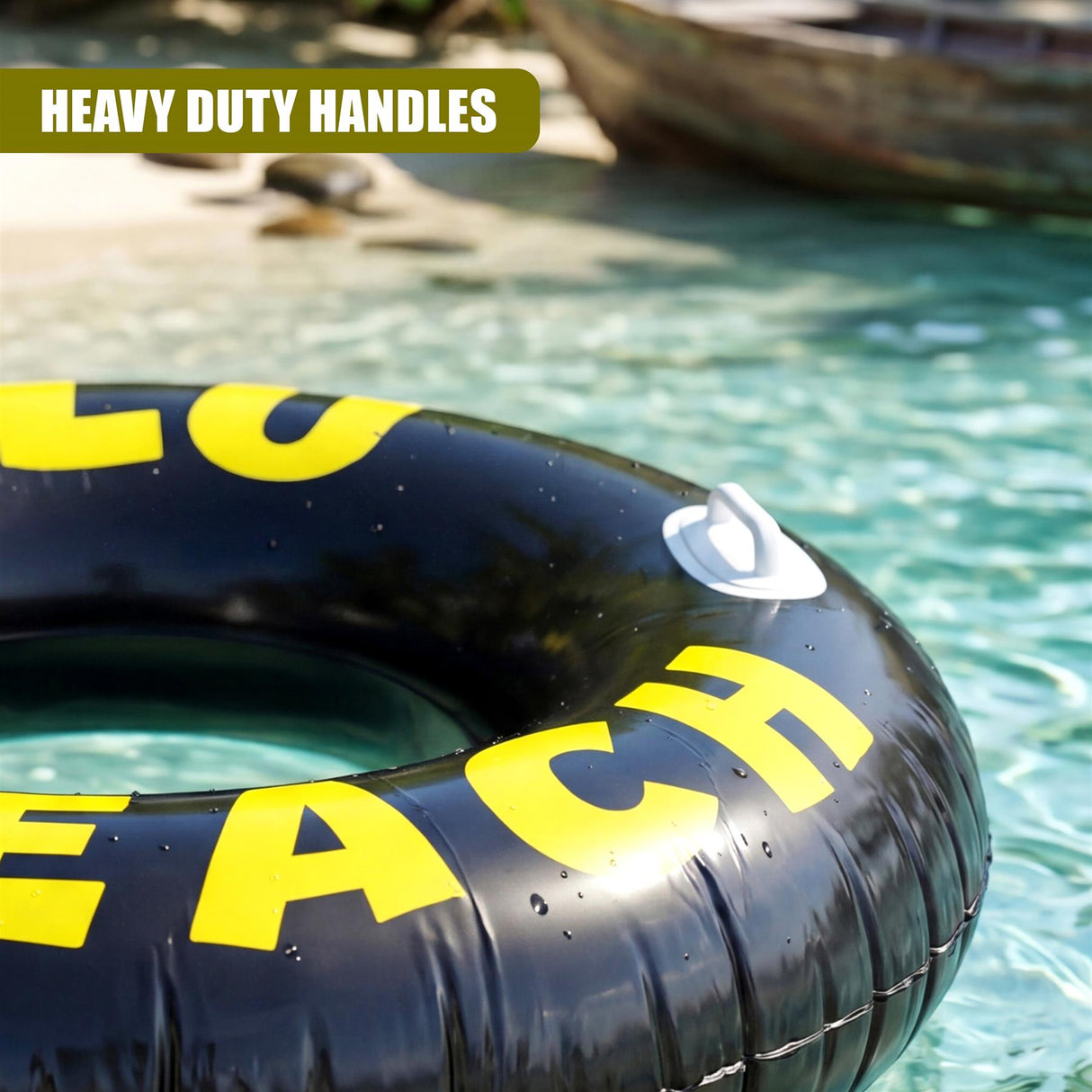 Black inflatable ring featuring yellow block lettering and two attached white molded handles.