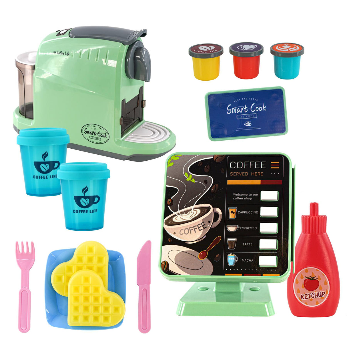 A play kitchen set with a green coffee machine, a blue coffee cup, a plate with waffles, a knife, a fork, a ketchup bottle, and a coffee menu. - UKBuyZone