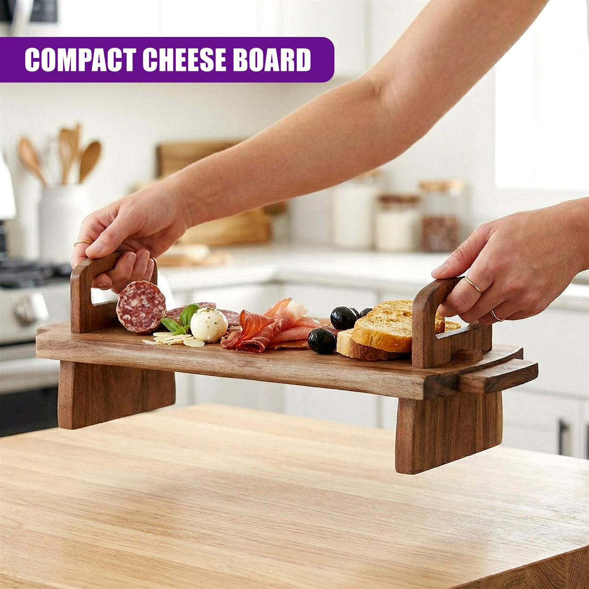Various snacks, including cheese, cured meats, olives, and bread, are arranged on a rectangular wooden serving platter.
