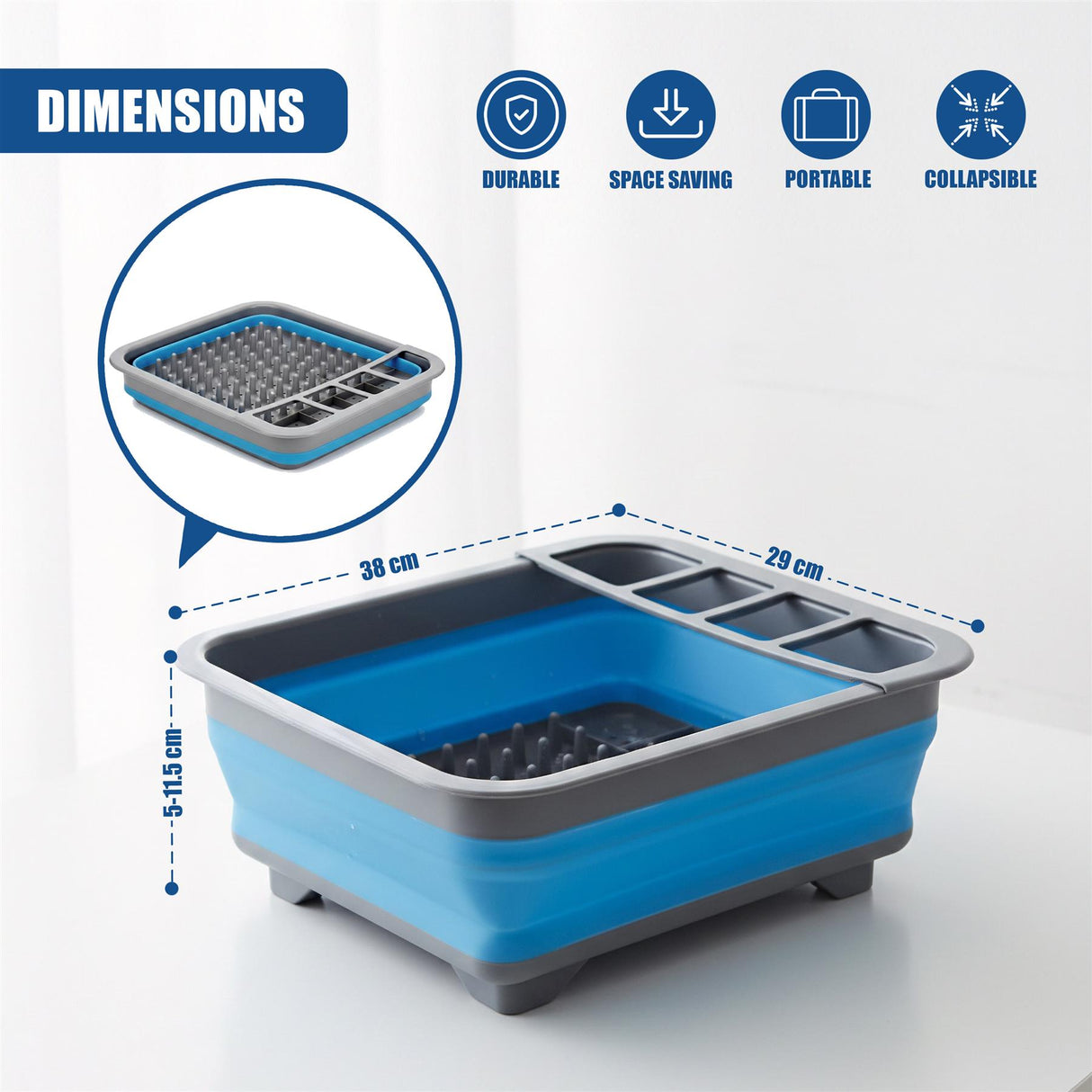 A rectangular blue and gray dish drainer basin with marked dimensions of 38 by 29 cm.