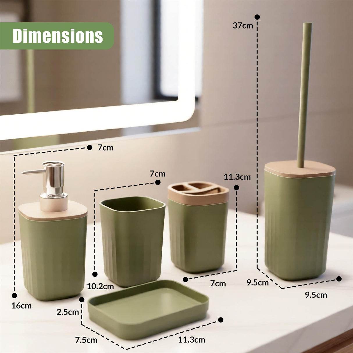 A five-piece set of sage green bathroom accessories, including a soap dispenser, various holders, and a soap dish.