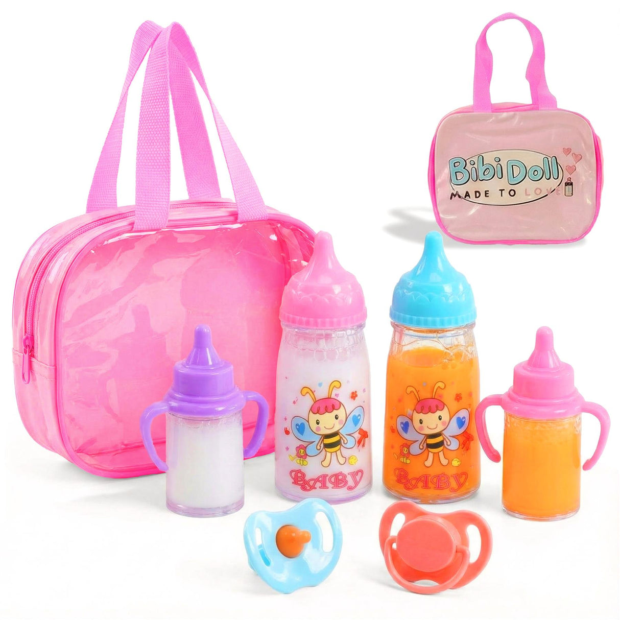 Pink carrier bag with baby feeder set, including multiple bottles, pacifiers, and teether toy.