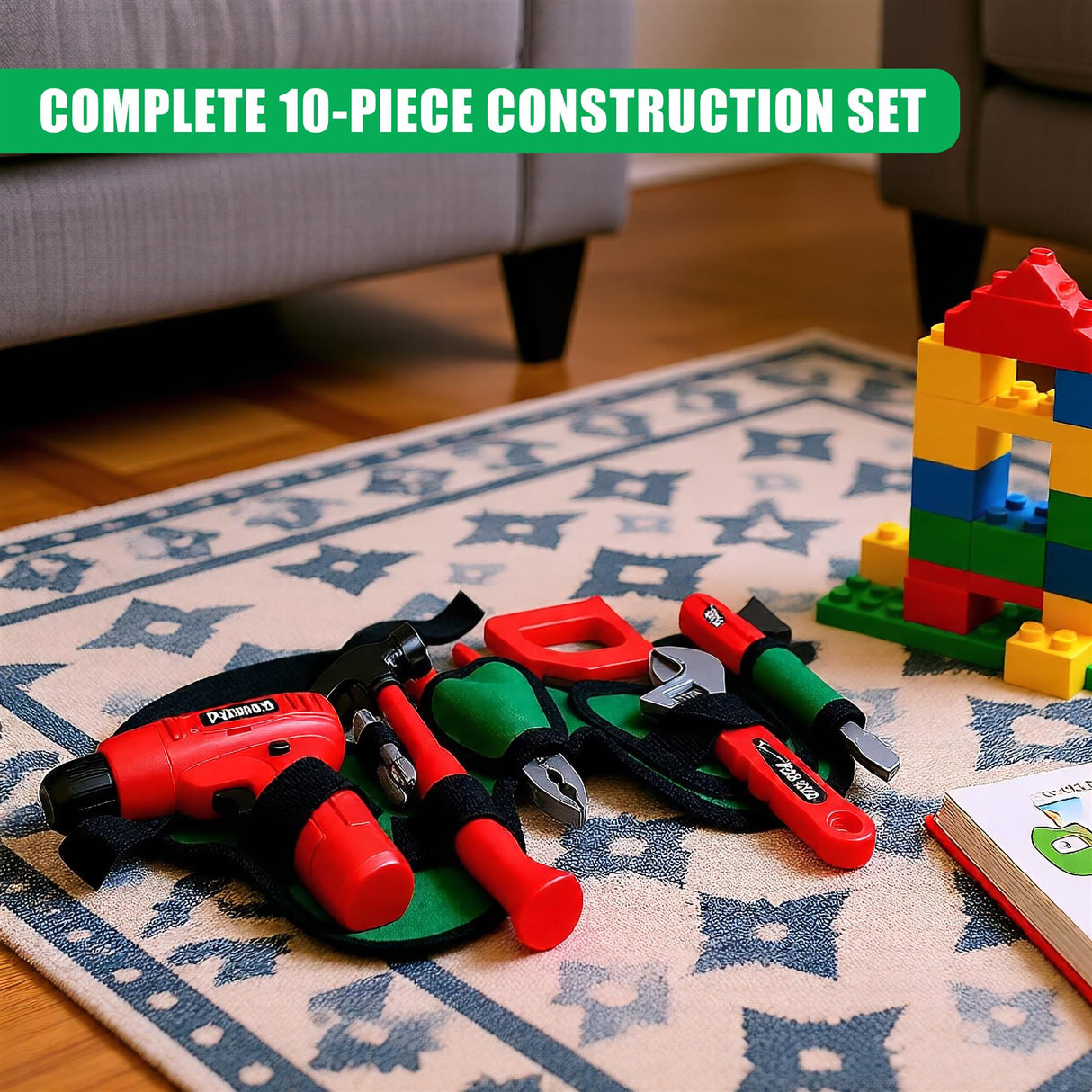 A child's toy construction set, featuring a red power drill, a hammer, a screwdriver, and various other tools, all stored in a green canvas bag. - UKBuyZone
