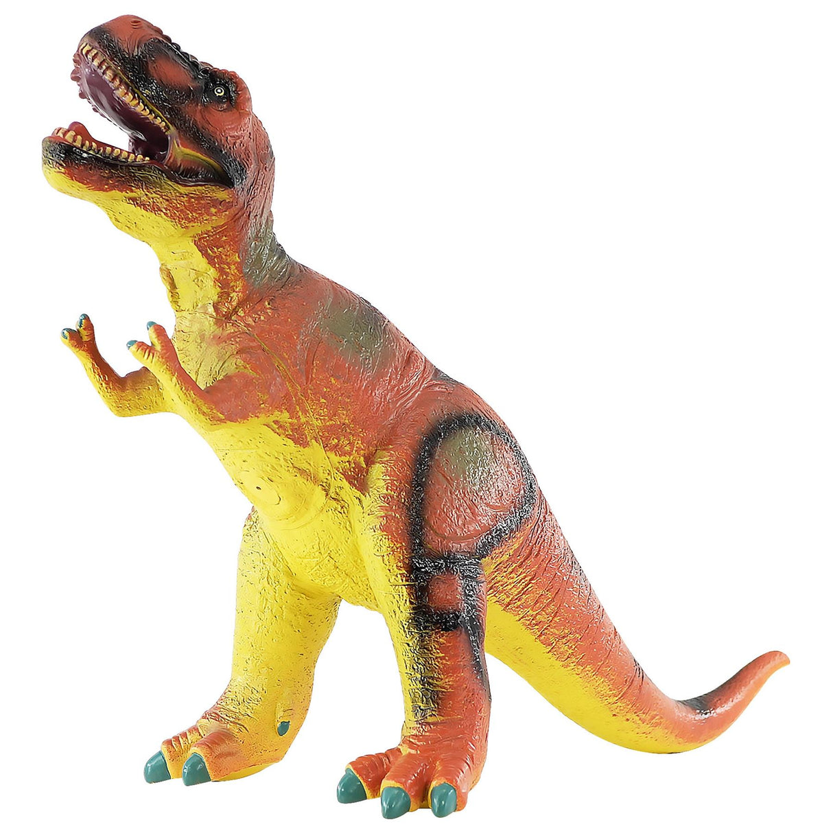 Yellow and orange plush T-Rex toy with an open mouth, positioned on a plain white background.